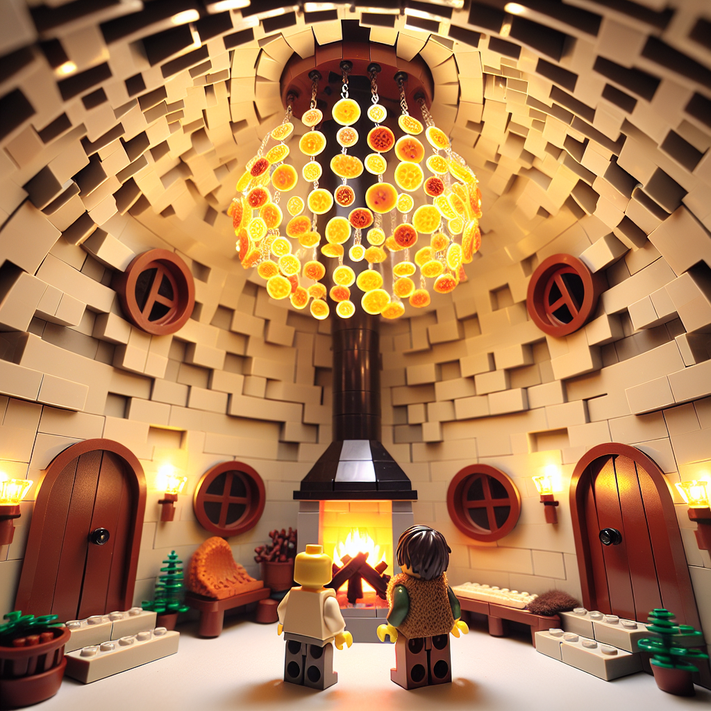 Depict an endearing image where two LEGO figures stand in the middle of a snug, burrow-like living room reminiscent of fantasy literature, defined by its round doors and windows. The gentle radiance from a lively fireplace illuminates the room, providing a comfortable and inviting ambiance. Hovering above them, the ceiling is graced with a distinctively designed chandelier composed of tiny pizza slices, casting an unexpected hint of whimsy into the festive environment as they commemorate their shared affection.
Generated with these themes: LORD OF THE RINGS, lego, Pizza.
Made with ❤️ by AI.