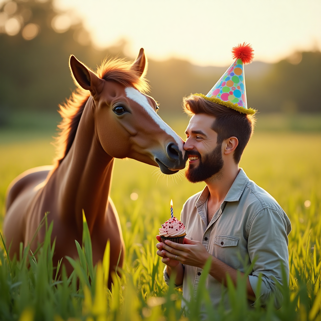 At the top of the Photorealistic picture taken from a camera image, **Nilo aka Brazil 🇧🇷**

**Image Prompt:** Capture a heartwarming scene where a charming horse and a cheerful man are celebrating a birthday in a lush, green meadow. The horse, wearing a colorful party hat, nuzzles the man affectionately. The man, dressed casually with a playful expression, holds a small, decorated cupcake with a single lit candle. The sun casts a warm, golden glow over the scene, highlighting the vibrant hues of the meadow and creating a dreamy atmosphere. The photograph should convey a sense of joy and connection, perfect for a cute and memorable birthday greeting.
Generated with these themes: Smile, it's your birthday., Horse., and .
Made with ❤️ by AI.