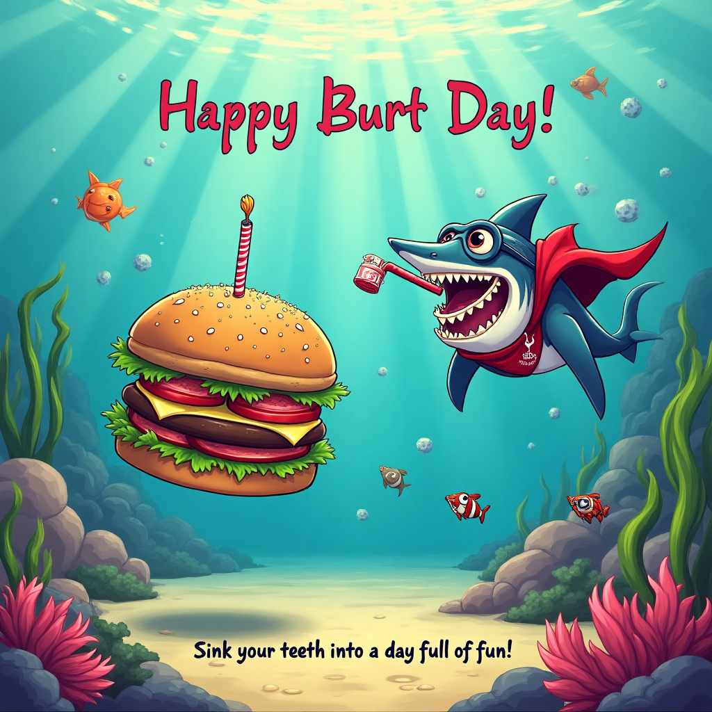 At the top of the Illustration Style image, include the text: **Happy Burt Day!**

---

**Image Description:**

Imagine a comical birthday scene set in a lively, whimsical underwater world. In the foreground, a giant, juicy burger with all the trimmings is floating in the sea, catching the eye of a goofy-looking shark wearing a Tottenham Hotspur scarf. The shark, with its big toothy grin, is eagerly swimming towards the burger, leaving a trail of bubbles behind. Nearby, Dracula, donning a vampire cape with the Spurs logo, is snorkeling with a comically exaggerated straw sipping a blood-red drink, intrigued by the aquatic happenings. 

The scene is filled with vibrant blues and greens, with sunlight streaming through the water, casting playful patterns on the sandy ocean floor. Fish in tiny Spurs jerseys are cheering on the spectacle, adding to the chaotic humor. 

Text caption at the bottom: "Sink your teeth into a day full of fun!"
Generated with these themes: Burgers, Sharks, Dracula, Tottenham Hotspur, and .
Made with ❤️ by AI.