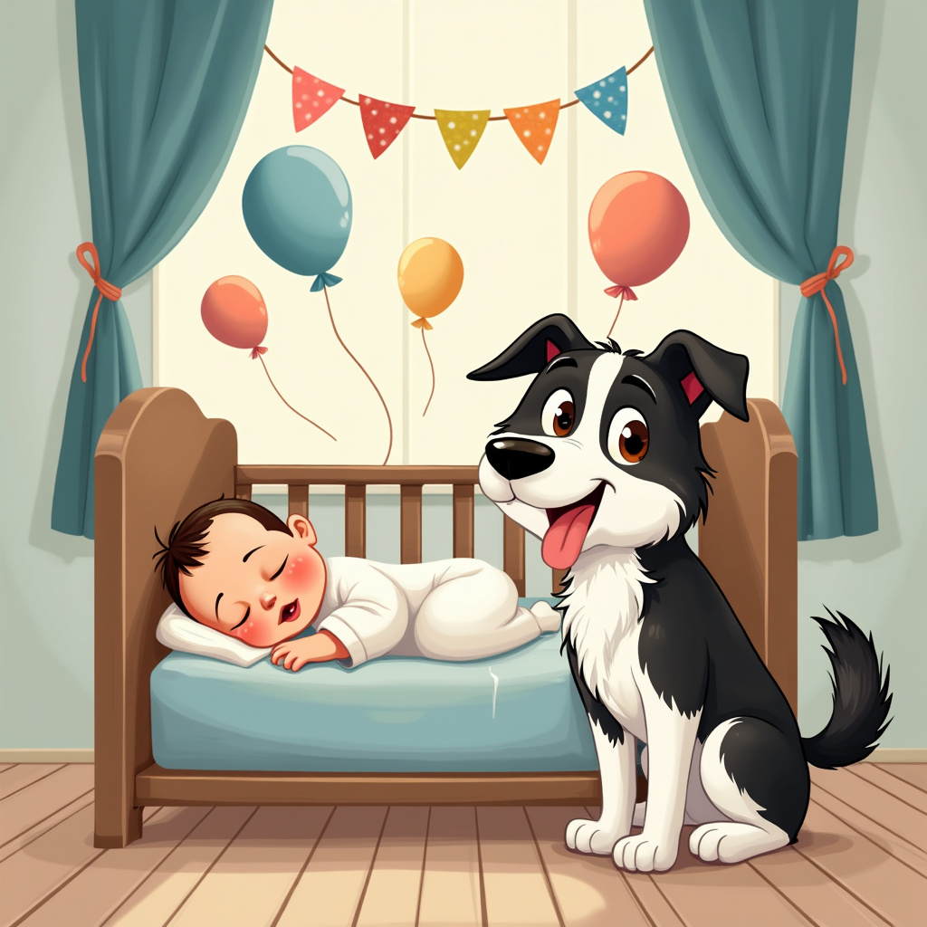 In a heartwarming cartoon, a new baby is depicted snuggled up in a cushy crib, surrounded by playful, floating balloons and cheerful decorations. Beside the crib stands an adult dog of indeterminate breed, characterized by a normal build and a striking black and white coat with warm brown eyes. The dog appears happy and alert, its tail wagging slightly as it watches over the sleeping infant, creating a scene filled with joy and tenderness.
.
Made with ❤️ by AI.