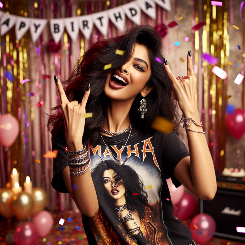 A captivating image featuring Maya, a South Asian woman celebrating her 40th birthday with style and a rocker vibe. She stands in the foreground of a confetti-strewn backdrop joyfully performing the horns sign with both hands. Being a fan of rock music, she wears a stylish band tee, her face adorned with a radiant smile. The scene is filled with a holiday mood, with balloons and a 'Happy Birthday' banner providing hints of the celebration in the air.
Generated with these themes: 40th Birthday, Maya, Indian woman, Rocker, Queens of the stone age band, and Party.
Made with ❤️ by AI.