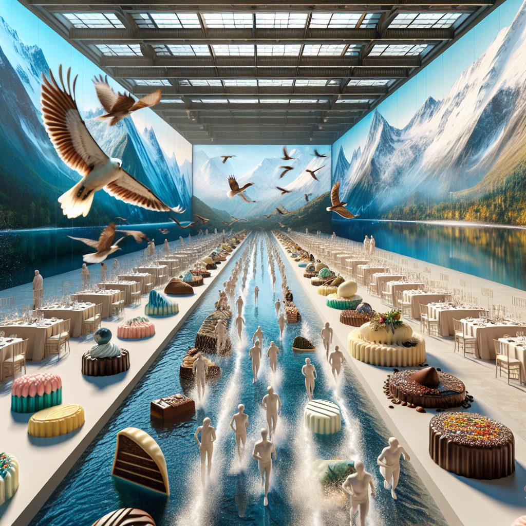 Imagine an intriguing surrealist yet photorealistic birthday party scene set in an expansive space. The guests are meandering along a twisting path that's bordered by footpath markers, which smartly guide them through not just the venue but also the life story of the honoree who is passionate about marathon running and open water swimming. The walls are likened to enormous canvases depicting breath-taking mountain terrains, so vivid and tangible that they incite a wave of wanderlust. Above, an active display of avian creatures in mid-flight injects life and movement into the scene. Throughout the room, sensory enticing edible structures made out of chocolate, crafted to mirror different elements witnessed in nature, provoke interest and delight. Surrounding this, grand screens project calming yet awe-inspiring footages of marathon runners triumphantly traversing the finish line juxtaposed against a backdrop of open water expanses and mountainous grandeur.
Generated with these themes: Open water swimming, Marathons, Birds, Chocolate, Mountain views , and Footpath signs.
Made with ❤️ by AI.