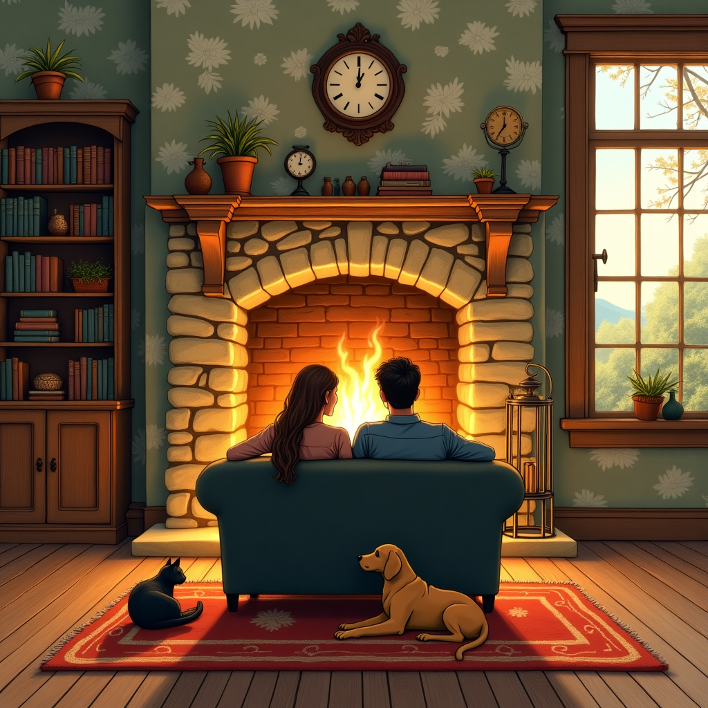 **Front Cover Illustration for 1st Wedding Anniversary Greeting Card**

**Scene Description:**

**Central Focus:**

- **Couple's Silhouette:** A charming hand-drawn silhouette of a young couple sitting on a comfortable couch, their figures subtly intertwined. They are placed centrally, in front of a grand stone fireplace.

**Background Elements:**

- **Country House Interior:** The setting is a cozy room within a picturesque country house, reminiscent of Norman Rockwell's detailed domestic scenes. The walls are adorned with vintage floral wallpaper in muted earth tones, with hints of greens and warm ochres, setting a classic and rustic tone.

- **Fireplace:** The fireplace is a large, prominent feature made of rough-hewn stones. Above it, a wooden mantle displays small potted plants and a vintage clock. The fire inside crackles with a glow, illustrated with bright oranges and flickers of yellow and red, creating dynamic shadows dancing around the room.

**Foreground and Objects:**

- **Wooden Floor and Rug:** The floor is made of wide, dark oak planks, rich in texture. A hand-woven rug with intricate patterns of reds and blues lies in front of the fireplace, inspired by the detailed intricacies of Beatrix Potter’s settings.

- **Pet Dog:** A loyal dog, perhaps a golden retriever, lies comfortably beside the couple. The dog's fur is textured with sweeping, gentle strokes of caramel and golden hues, capturing the warmth of the room.

- **Curled Cat:** On the armrest of the couch, a cat is curled up, its sleek fur detailed with delicate cross-hatching reminiscent of Edward Gorey's style, adding contrast with its charcoal and soft white markings.

**Additional Details:**

- **Shelves and Books:** Beside the fireplace, there’s a sturdy oak bookshelf, filled with classic leather-bound books. The spines are illustrated with intricate gold leaf patterns, inspired by the elaborate detail of Aubrey Beardsley.

- **Window View:** To the side, a window provides a glimpse of the lush countryside. Rolling hills in muted greens stretch out under a soft, pastel-colored sky, dotted with delicate wisps of clouds, echoing Maxfield Parrish’s dreamy landscapes.

- **Vase with Flowers:** On a small wooden side table near the couch, there’s a vase holding a bouquet of wildflowers—daisies, lavender, and sprigs of wheat. The flowers are rendered with soft, expressive strokes, each petal and leaf delicately detailed like those in Maurice Sendak’s illustrations.

**Frame and Border:**

- **Ornate Border:** Encasing the entire scene is an elegant border reminiscent of Arthur Rackham’s work, with intertwining vines and leaves, subtly hinting at the natural surroundings of the countryside.

This combination of elements and styles should guide the artist in creating a warm, nostalgic, and visually captivating greeting card for a 1st wedding anniversary.
Generated with these themes: 1st Wedding Anniversary, Country house, Dog, Fireplace, and Cat.
Made with ❤️ by AI.