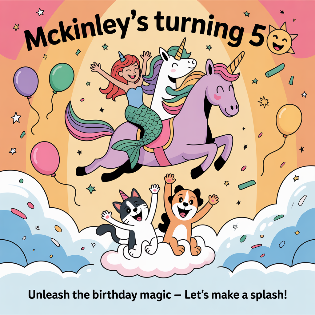 At the top of the image, "McKinley's Turning 5😭":

At the bottom of the image, "Unleash the Birthday Magic – Let's Make a Splash!"

- In the center of the image, create a whimsical scene featuring a joyful unicorn and a mermaid riding together on a magical, flying horse. Below them, a playful cat and dog wave excitedly from a cloud, celebrating with confetti and balloons, all set against a warm, colorful sky.
Generated with these themes: Unicorn, Mermaid, Horse, Cat, Dog, Flying, and .
Made with ❤️ by AI.