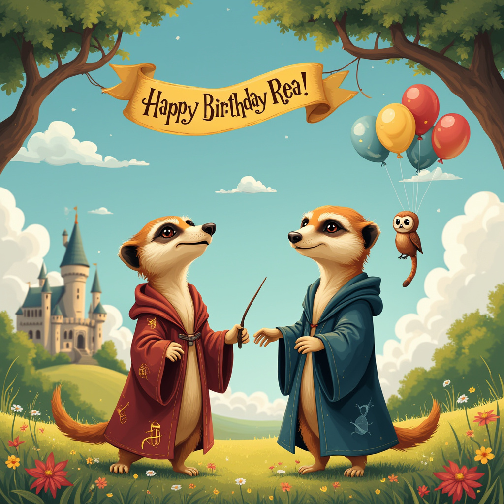 In this whimsical birthday scene, a sun-dappled field sets the stage, where a cute meerkat and an equally adorable sloth stand center stage. The meerkat, with a cheeky grin, extends an invitation to its sloth friend, who dangles lazily from a low-hanging tree branch. Both creatures are donning Harry Potter-inspired robes, intricately detailed with little patches and crests that resemble the emblems of Hogwarts houses, adding a magical touch to their attire. The meerkat's robe is adorned with small golden snitches while the sloth’s robe sports miniature wand motifs, each embroidered with shimmering threads.

Above them, a sky stretches wide and blue, and in the center, fluffy white clouds have drifted into the shape of the name "Rea," subtly catching the eye without overshadowing the characters below. Between the meerkat and the sloth, a vividly colored banner unfurls in mid-air, reading "Happy Birthday Rea!" in a playful, swirling font that echoes the whimsical magic of the scene.

In the background, a quaint, cartoonish Hogwarts-style castle peeks out from a hill, its towers adorned with colorful birthday balloons that sway gently in the breeze. The lush grass beneath their feet is dotted with wildflowers, each one a little explosion of color in the sea of green. Perched on the tree branch near the sloth is a tiny, wise-looking owl, reminiscent of the magical post owls from the Harry Potter universe, holding a tiny scroll in its beak as if it's delivering a special birthday message just for Rea.

The entire scene, bursting with charm and humor, is rendered in a style that pays homage to the classic cartoonists—capturing the expressive lines of Schulz, the lively colors of Disney, and the fantastical whimsy of Tezuka, ensuring a vibrant and unforgettable greeting card cover.
Generated with these themes: : A cute meerkat is saying happy birthday to a cute sloth, They are both wearing Harry potter style robes, and They are both smiling.
Made with ❤️ by AI.