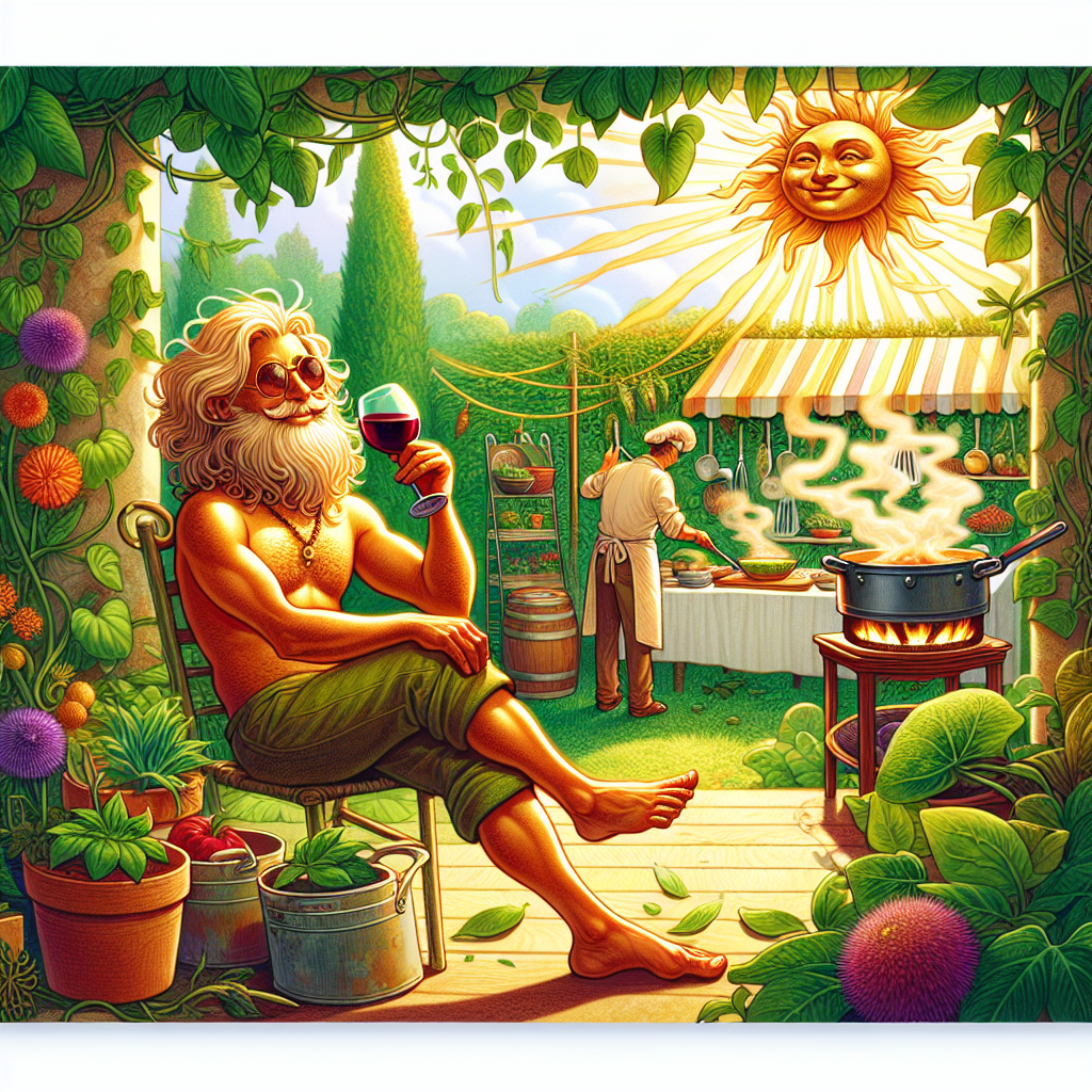 Create a whimsical birthday illustration where a jubilant individual, equipped with the suntanned complexion of a Middle-Eastern descent, is basking in the soft glow of golden sunshine. They are leisurely sipping on a ruby red wine, portraying a relaxed demeanor. They are situated inside a verdant and lush garden, which implies they have been taking a serene break from diligently tending to the vibrant plants and multicolored flowers. Behind them, you can see an open-air kitchen, filled with lively cooking activity, pots simmering on the stoves, and an array of ingredients skilfully arranged for easy access. This whole imagery hints at the individual's strong enthusiasm for preparing succulent and delectable dishes.
Generated with these themes: Relaxing in the sun with a glass of red wine, Gardening , and Cooking.
Made with ❤️ by AI.