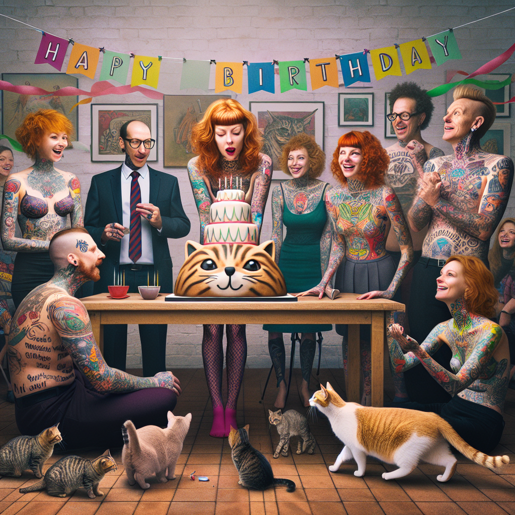 Visualize a light-hearted and realistic birthday setting where a group of tattooed women with distinctive ginger hair gather around a cake designed like an enormous feline. They interact and chortle, their diverse tattoos, a blend of traditional and contemporary motifs, enhancing the celebratory mood. Above them hangs a banner that reads 'Happy Birthday!' amid an array of vibrant streamers. Domestic cats, intrigued by the activity, maneuver between the guests, adding to the unique and playful tattooed-cat themed ambiance of the gathering.
Generated with these themes: Ginger hair, Tattooed ladies, and Cats.
Made with ❤️ by AI.
