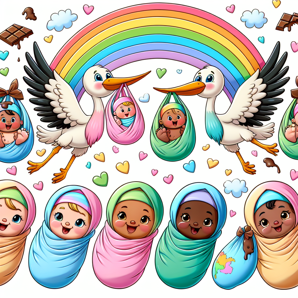 A delightful cartoon depicting storks from various descents transporting cheerful babies in pastel-hued swaddling clothes under a brilliantly colored rainbow. Each of these babies, which vary in gender and descent - Caucasian, Hispanic, Black, Middle-Eastern, South Asian, East Asian - holds a piece of chocolate. As it melts, it forms playful shapes, amplifying the joy and celebration inherent in the welcome of new life inherent in the scene.
Generated with these themes: Chocolate, Babies, and Rainbows.
Made with ❤️ by AI.