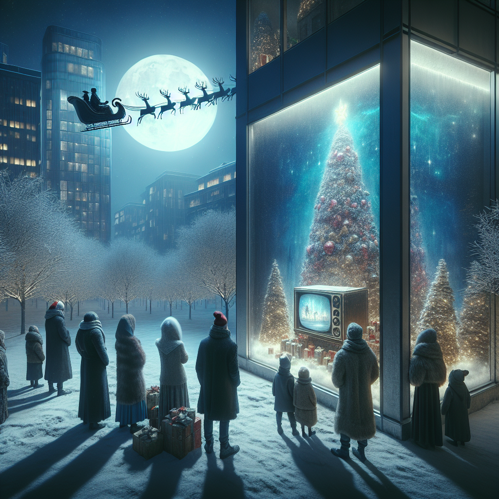 The scene unfolds in Media City, Manchester, under the soft glow of moonlight reflecting off the snow-covered ground. A crowd stands transfixed by a Christmas window display, where Christmas trees boast an unconventional trim – televisions broadcasting yuletide cheer. The surreal ambiance is heightened as Santa's sleigh, a delicate silhouette against the moonlit sky, soars above the enchanted onlookers, completing this otherworldly Christmas tableau.
Generated with these themes: Christmas shopping window display, Christmas trees with televisions as decorations , Manchester , Media city, Snow outside with a crowd, Moonlight , and Santas sleigh.
Made with ❤️ by AI.