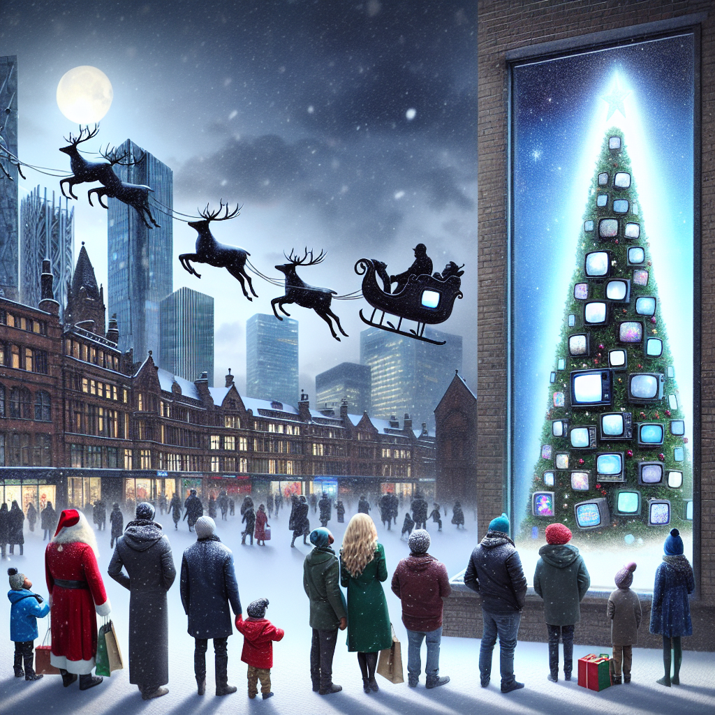 In the heart of Media City, Manchester, a surreal Christmas illustration comes to life. Snow falls softly outside, where a crowd has assembled to admire the Christmas shopping window display. It's a unique spectacle: Christmas trees decorated not with baubles, but with televisions, their screens glowing with festive visuals. Above, the clear sky reveals a bright moon, casting a serene glow on Santa's sleigh, which flies overhead in silent majesty.
Generated with these themes: Christmas shopping window display, Christmas trees with televisions as decorations , Manchester , Media city, Snow outside with a crowd, Moonlight , and Santas sleigh.
Made with ❤️ by AI.