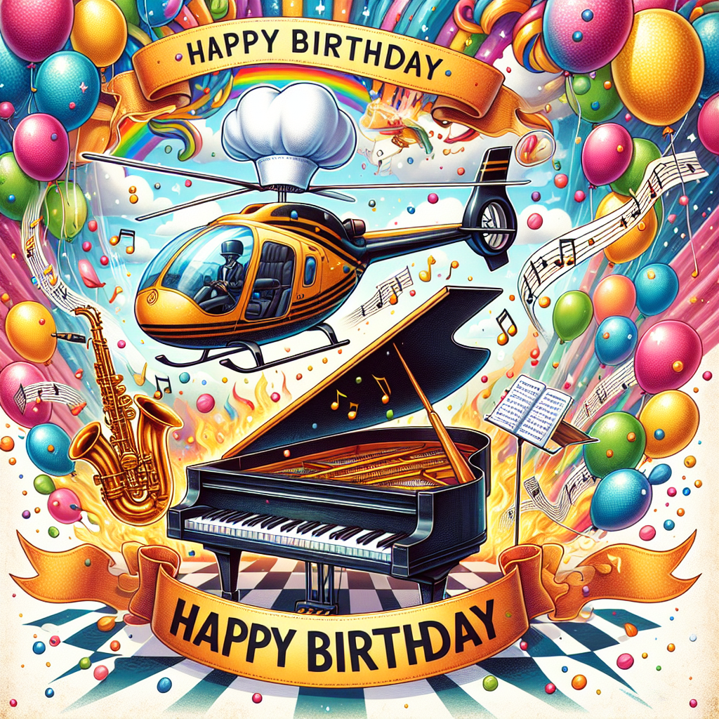An illustration of a whimsical birthday scene filled with vibrant colors. Featured at the heart of this event is a helicopter donning a chef's hat, soaring high above a grandiose piano. The helicopter appears to be creating music, with jazz notes floating around it as an inventive touch. Trailing the helicopter is a dynamic banner with the cheerful message 'Happy Birthday' presented in a playful typography. The entire scene is framed against a lively background adorned with an array of multi-colored balloons and a shower of confetti.
Generated with these themes: Helicopter , Cooking, Piano, Jazz, and Happy Birthday .
Made with ❤️ by AI.