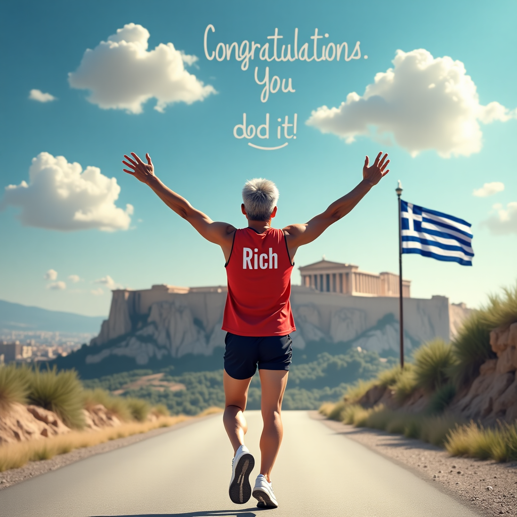 In this imaginative and dynamic greetings card scene, the foreground is dominated by a triumphant grey-haired runner, viewed from behind. His arms are stretched skyward in a victorious gesture, and he is clad in a vibrant red vest with "Rich" boldly emblazoned across it in white letters. His ensemble is completed with sleek black running shorts and pristine white trainers, each detail meticulously rendered to capture the realism of the moment. The scene unfolds on a smoothly paved road, its surface glistening subtly as if kissed by the morning dew. This road leads towards the majestic Acropolis, its ancient stones basking in the soft glow of the early sun, standing as a testament to human achievement and endurance. Nestled within the backdrop is the iconic Greek flag, unfurled and gently waving in the breeze atop a pole, its deep blue and stark white creating a striking contrast against the clear azure sky. Above the runner's head, cleverly incorporated into the sky, are fluffy clouds that spell out the words "Congratulations. You did it!" in a whimsical, yet distinctly legible font. This playful twist adds a magical element to the scene, enhancing the story of personal triumph amidst historical grandeur. The entire composition is a narrative of accomplishment, seamlessly blending modern athletic achievement with the timeless spirit of Athens.
Generated with these themes: Back of grey haired runner with hands in air wearing red vest with Rich on it, black shorts and white trainers, Athens, acropolis, Greek flag, Paved road, and Congratulations. You did it!.
Made with ❤️ by AI.