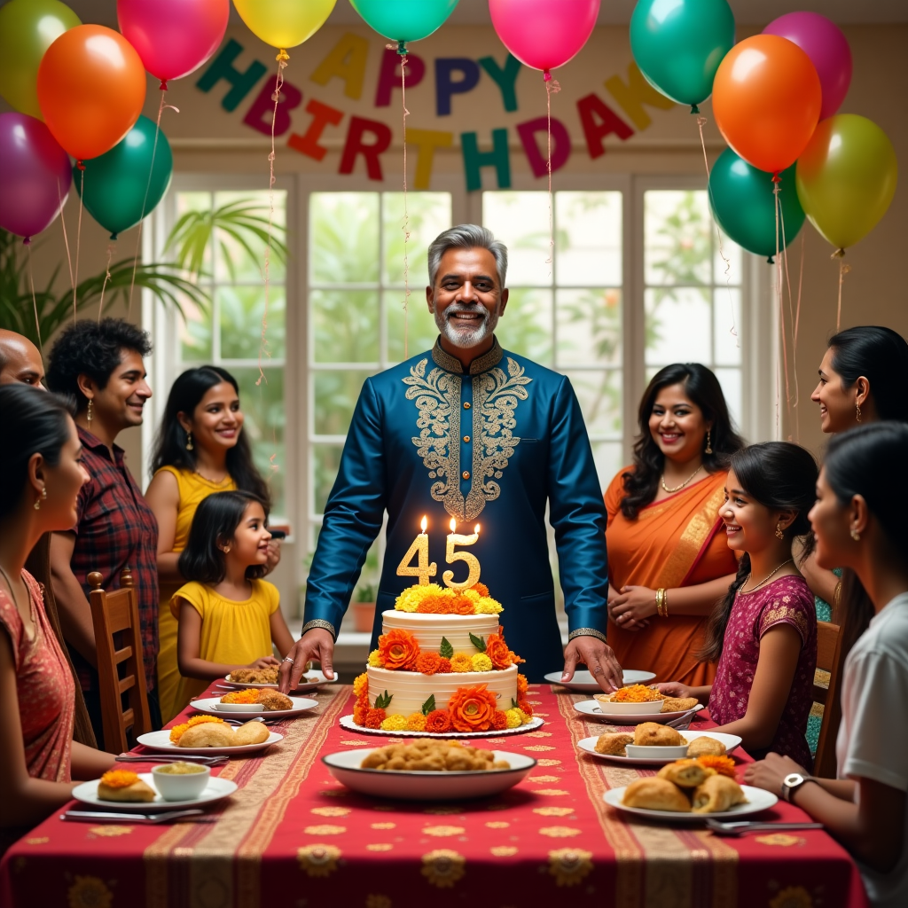 Front and center of the greeting card, a lifelike, vividly detailed photograph-style image captures a joyous birthday celebration. The focal point is a brown Indian man with neatly styled salt-and-pepper hair and a well-groomed beard, wearing a traditional kurta in a deep royal blue with intricate gold embroidery.

He is standing behind a round birthday cake on a large wooden dining table, adorned with a rich red tablecloth embroidered with golden patterns. The cake is a multi-tiered masterpiece, decorated with vibrant tropical flowers in shades of magenta, orange, and yellow. Large, glittering golden numeral candles reading "45" are lit atop the cake, casting a soft, warm glow.

Surrounding the birthday celebrant are friends and family, showcasing a diverse mix of people with varying skin tones and attire. Some are dressed in colorful saris and kurta pajamas, while others wear casual western outfits. A young child wearing a bright yellow dress playfully reaches towards the cake, her eyes wide with excitement.

The room is filled with bright, festive decorations: multicolored balloons in hues of emerald green, sapphire blue, and crimson red float above, tethered to the backs of wooden chairs. Streamers in matching colors drape across the ceiling, and a large, metallic "Happy Birthday" banner gleams in the background, affixed to a cream-colored wall.

On the table, amidst plates of savory Indian snacks like samosas and pakoras, sit brightly wrapped gifts, their glossy papers in shades of silver, gold, and purple, topped with elaborate bows. A vase of fresh marigolds, their petals a vibrant orange, adds a touch of natural beauty to the scene.

Behind the group, a large window reveals a glimpse of an outdoor garden with lush green plants and flowers, hinting at a sunny day. The natural light pours in, highlighting the colorful details of the room and adding depth to the lifelike photograph-style depiction.

This visual scene is filled with rich, colorful details and traditional elements, creating a perfect, photorealistic snapshot of a 45th birthday celebration for a vibrant and culturally rich greeting card.
Generated with these themes: A brown Indian gay man celebrating his 45th birthday with friends and family , and .
Made with ❤️ by AI.