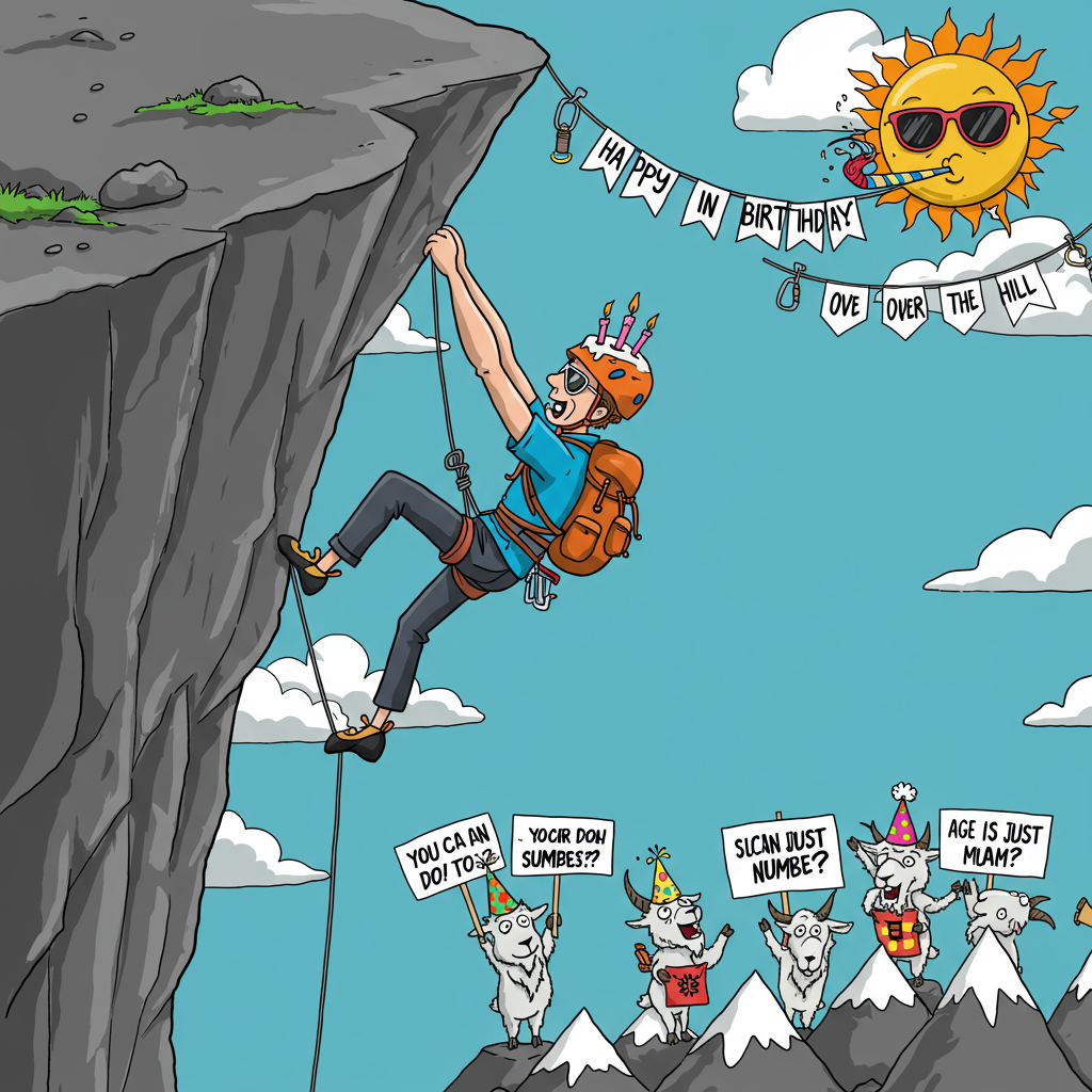 At the top of the vector image: "Hang in there, Michael — You're Almost Over the Hill!"

**Image Prompt:**  
A funny vector illustration of a rock climber (Michael) comically clinging to the edge of a steep cartoon-style cliff. He’s halfway up the rock face, decked out in overly dramatic climbing gear: a helmet with a birthday candle on top, a backpack spilling with balloons, and climbing rope shaped like streamers. Below him, cartoon mountain goats wearing party hats cheer him on with signs that say "You can do it!" and "Age is just a number!" Above the cliff, the sun wears sunglasses and is blowing a party horn. A banner tied between two clouds says "Happy Birthday" with little climbing carabiners clipped to it. The mood is celebratory, silly, and playful with bright, bold colors.
Generated with these themes: Climbing.
Made with ❤️ by AI.