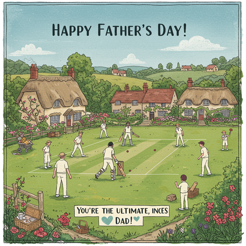 At the top of the Illustration Style image, write the text: "Happy Father's Day".

---

**Image Prompt:**

Illustrate a serene village cricket match set in the idyllic countryside of Surrey. Capture the warm, inviting atmosphere with a hand-drawn illustration that showcases fine linework and textured brush strokes. The scene should feature a group of enthusiastic cricketers dressed in classic white attire, playing on a lush, green field surrounded by quaint thatched-roof cottages and blooming gardens. In the background, gently rolling hills and a clear blue sky add depth and tranquility to the scene. Add small details like a wicker picnic basket and a child cheering on the sidelines to emphasize the familial and community spirit. Use a warm, expressive color palette to evoke a sincere and nostalgic mood. At the bottom of the image, subtly integrate the playful text: "You're the ultimate innings, Dad!"
Generated with these themes: Village cricket match in surrey, and .
Made with ❤️ by AI.