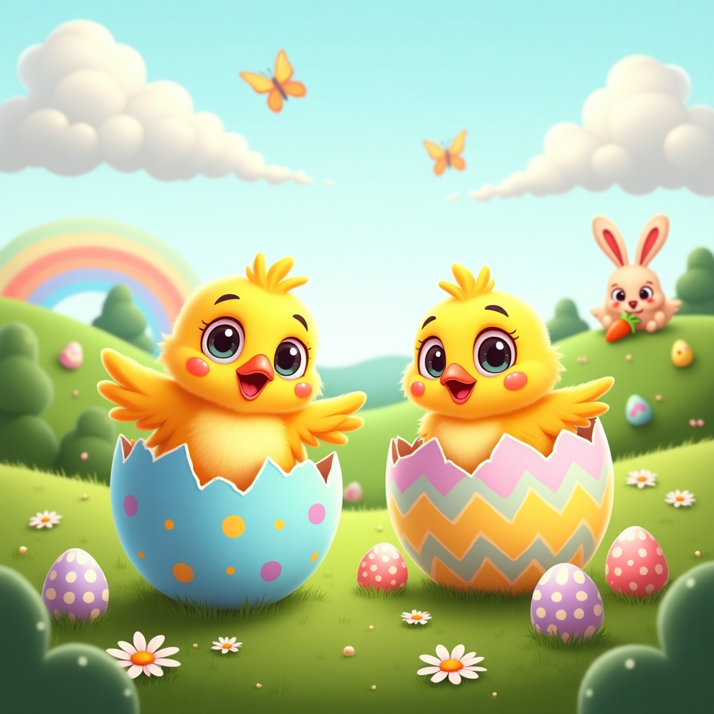 **Front Cover Design: Easter Extravaganza!**

In the forefront, two adorable yellow chicks are perched in their respective eggshell halves. Each chick has a round, plump body with fluffy feathers, oversized googly eyes, and a tiny triangular beak that adds a touch of whimsy. Their little wings are spread out slightly, suggesting a playful readiness to explore their new surroundings.

**Chick on the Left:**
This chick sits in a cracked blue eggshell, with comically exaggerated pieces jutting out in a jagged fashion. The shell has polka dots in shades of pastel pink and green. The chick’s eyes are hilariously wide, with one eyebrow raised for a touch of cartoonish expression. Its shell rests on a lush patch of green grass dotted with daisies.

**Chick on the Right:**
The other chick is cozily nestled in a pastel yellow eggshell with zigzag patterns in lavender and sky blue. This eggshell is cracked open in a spiraling manner, resembling an Easter crown. This chick also has a pair of oversized eyes, but one is slightly larger than the other, giving it a quirky, offbeat charm. It is surrounded by tiny, vibrant-colored eggs in various patterns.

**Background:**
The scene is set against a bright, sunny day, with a gradient sky transitioning from a pale blue to a soft pink at the horizon. A few fluffy, cartoonish clouds float lazily above. In the distance, rolling hills are depicted in shades of light green, with the occasional pastel-hued tree dotted around.

**Additional Elements:**
- A classic Easter bunny can be seen peeking from behind one of the hills, holding a carrot almost as tall as itself.
- A cheerful rainbow arcs across the sky, its colors exaggerated to match the lively scene.
- Butterflies with oversized wings and exaggerated antennae flutter around, featuring patterns reminiscent of stained glass windows in bright, eye-catching colors.

The overall composition should feel dynamic and bustling with life, with exaggerated features and colors inspired by the whimsical style of classic cartoons.
Generated with these themes: 2 cute little yellow chicks each in 2 half eggshells.
Made with ❤️ by AI.