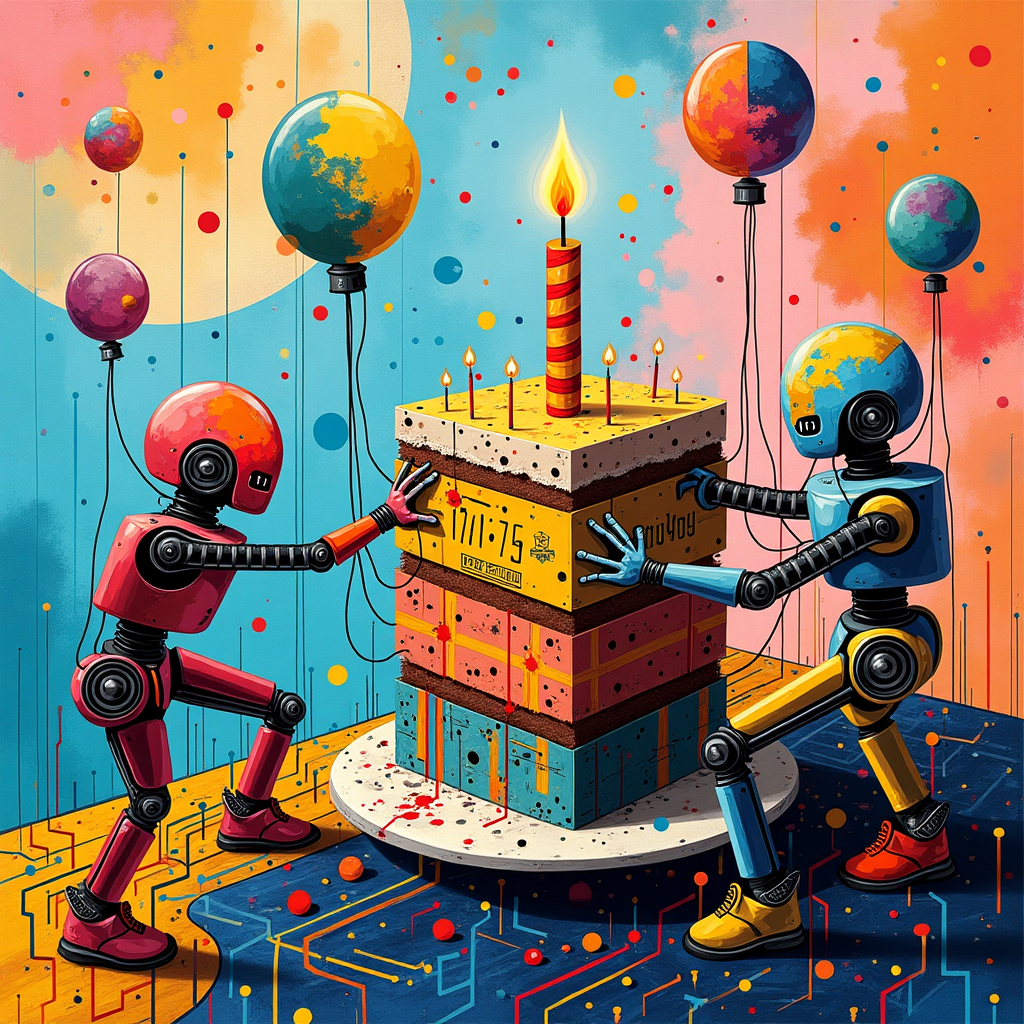 The front cover of this birthday greetings card is a vibrant, tech-inspired abstract masterpiece. Picture a whimsical digital universe inspired by the bold geometry of Mondrian, yet brimming with Kandinsky's playful chaos. The canvas is a dance of primary colors and black lines, intersected with clusters of binary code forming abstract cityscapes, akin to Pollock's erratic drips. At the center, a distorted, cube-like birthday cake hovers, a nod to Rothko’s simple shapes. Its layers are painted in swirling pastel hues reminiscent of a programmer's color-coded lines of code, topped with a pixelated candle flickering in ones and zeros.

Surrounding the cake, robotic figures in Miró's iconic style celebrate, their limbs composed of dangling wires and gears. Floating around them are balloon-like icons of familiar tech symbols: a Wi-Fi signal, a mouse, and a USB plug, echoing the flat, vivid shapes of Malevich. The sky above is a vast digital sea of Twombly-esque scribbles, looping and spiraling, symbolizing the chaotic thoughts of a developer's mind. Below, a motherboard-inspired grid with De Kooning's expressionistic brushstrokes represents the landscape, with tiny circuits acting as pathways for tiny, colorful data streams resembling confetti, connecting the world of celebration and innovation. Finally, the edges of the card are adorned with Agnes Martin's delicate, lined patterns, creating a serene border that frames this energetic, tech-savvy birthday universe.
Generated with these themes: Developer, and Technology.
Made with ❤️ by AI.