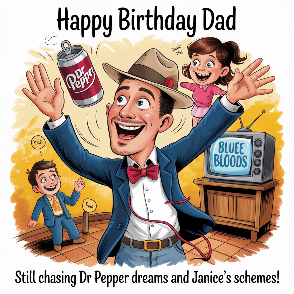 Dad’s favorite things Drinking Dr Pepper Talking to my daughter Janice Wearing my Stetson Fedora hat Talking to my daughter Janice Watching Blue Bloods on Wednesday Talking to my daughter Janice Talking to my brother David Talking to my daughter Janice Going to church on Sunday Talking to my daughter Janice Eating 3 meals a day, and Birthday Card