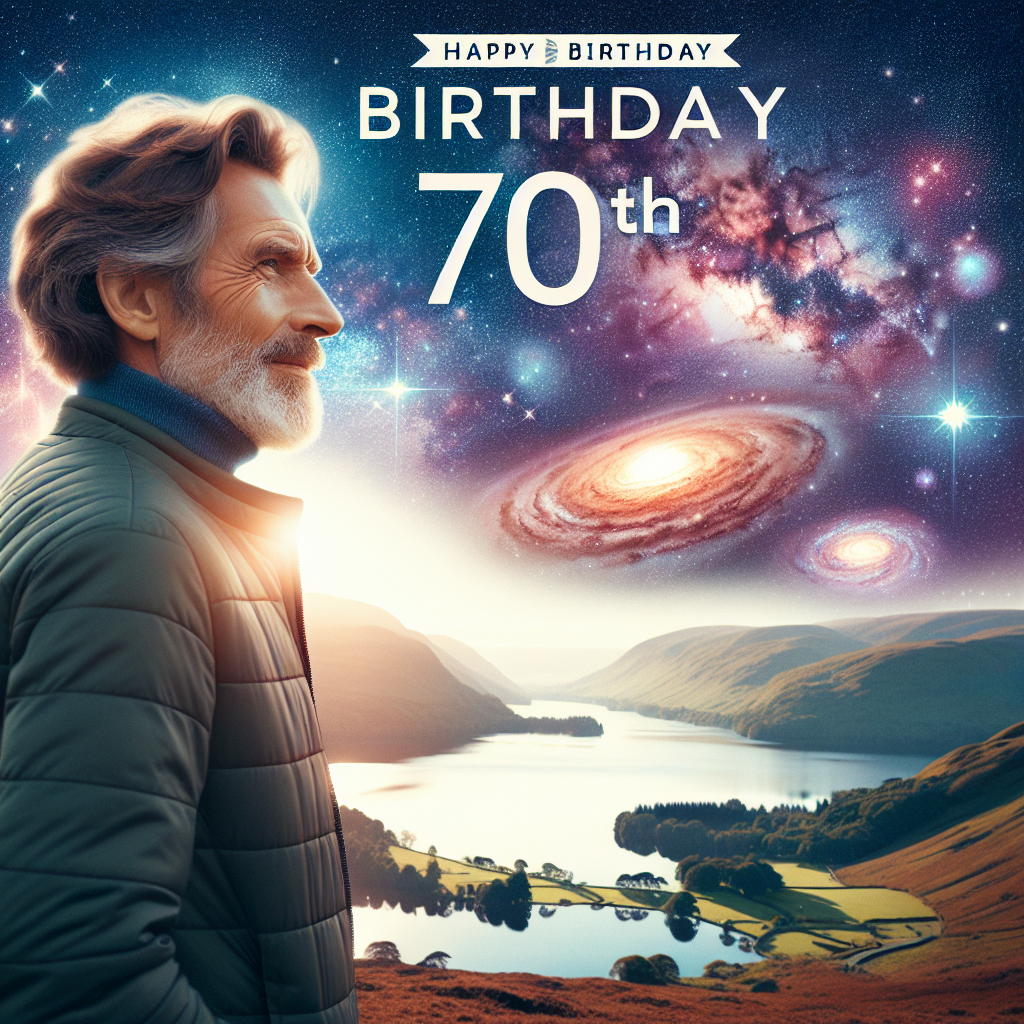 Create an uplifting image for a 70th birthday, showing a Caucasian father with brown hair taking a peaceful walk in the Lake District. The background displays an awe-inspiring panorama of the cosmos, including gleaming stars and remote galaxies. These celestial elements seamlessly blend with the calm allure of the lakes and hills to produce an idyllic, unforgettable birthday scenario.
Generated with these themes: Dad with brown hair 70th birthday walking in the lake district and universe.
Made with ❤️ by AI.