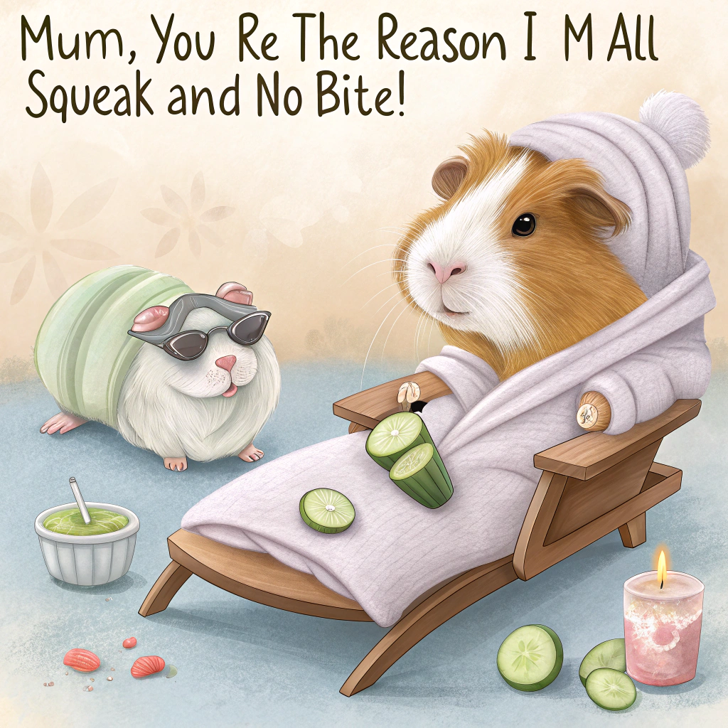At the top of the image, "Mum, you’re the reason I’m all squeak and no bite!"

- Show a realistic photograph of a guinea pig spa day: a fluffy guinea pig reclines luxuriously on a tiny chaise lounge, wrapped in a mini towel, with cucumber slices over its eyes.
- Beside it, another guinea pig wears a bathrobe and appears to be giving unsolicited advice with its tiny paw mid-gesture.
- The setting should resemble a posh human spa with miniature versions of candles, herbal tea, and a background of soothing zen elements.
- Bonus props: a guinea pig-sized "Best Mum" mug on a side table, steam rising.
Generated with these themes: gineau pig.
Made with ❤️ by AI.