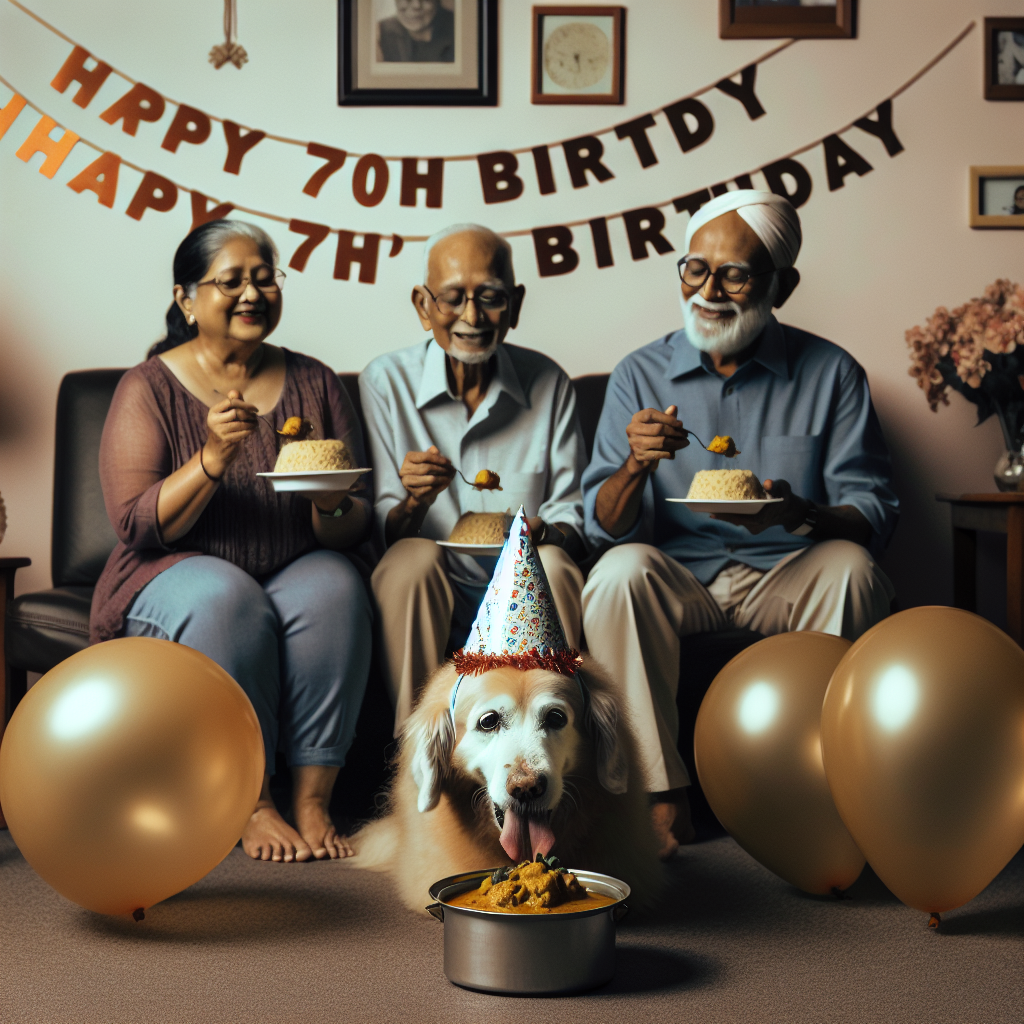 An intimate and touching image of a family celebrating their father's 70th birthday in a room filled with muted warm tones and gentle birthday decorations that honor the important age. Included in the soothing ambiance is an older dog, fully immersed in the homely environment and wearing a celebratory hat. It is comically eating a curry specially made for it, an amusing, adorable spectacle that signifies its communal participation in the festivities and recognition of its own advancing years.
Generated with these themes: 70th birthday dad, old dog wearing birthday hat eating a curry.
Made with ❤️ by AI.