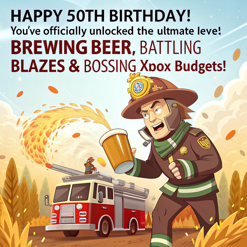 At the top of the image, "Happy 50th Birthday! You've officially unlocked the ultimate level: Brewing Beer, Battling Blazes & Bossing Xbox Budgets!"

- In the center of the cartoon image, illustrate a fireman with a frothy pint helmet, leaping heroically from a flaming fire truck—except the "flames" are actually hops and barley confetti shooting out of the siren.
- Behind him, an Xbox game developer in pixelated armor codes wildly at a keyboard mounted on the truck’s side, surrounded by flying game discs, tangled controller wires, and balloons.
- All around, party guests in safety vests and gamer headsets cheer wildly, raising beer mugs in one hand and controllers in the other, under a banner that reads: "Caution: 50 Years of Epic Wins!"
- The fire truck's hose is squirting celebratory beer foam, while a game character shouts from a screen: "Achievement Unlocked: Level 50 Human!"

Let the whole scene pop with exaggerated expressions, cheeky signs, and enough pun-packed energy to fuel a birthday bonfire—or at least reboot the console!
Generated with these themes: Fireman with fire truck, Brewing beer, Xbox game designer, and Birthday party.
Made with ❤️ by AI.