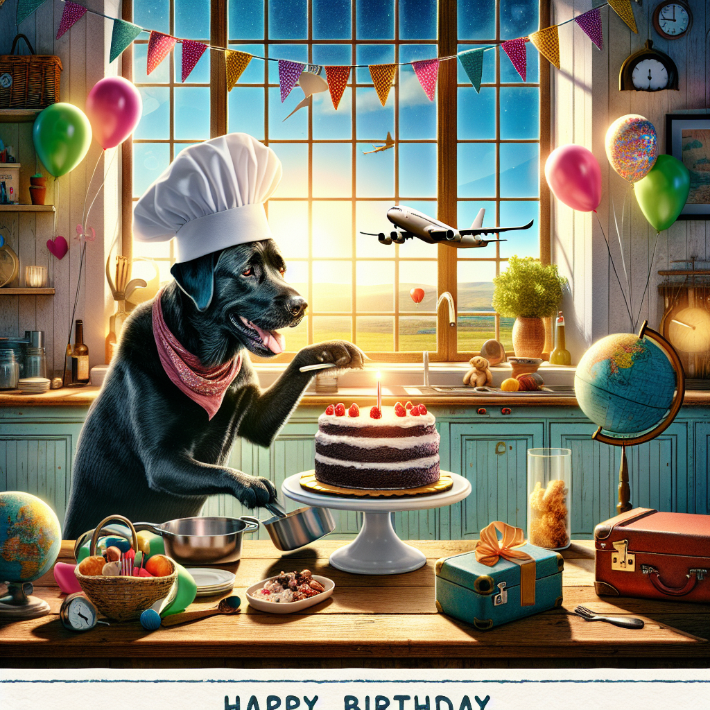 Create an image of a quaint, well-lit kitchen scene. In this scene, a black Labrador wearing a white chef's hat is diligently preparing a feast. The room is decorated with vibrant balloons and streamers, adding a celebratory feel. The labrador is gleefully presenting a birthday cake with a single candle lit on it. Through the window, the silhouette of an airplane can be seen soaring high in the bright sky. In the background, quirky elements like globes and suitcases are arranged, conveying the idea of global travel and adventure. This entire composition is set within the frame of a charming birthday card.
Generated with these themes: Travel, cooking, black labrador.
Made with ❤️ by AI.