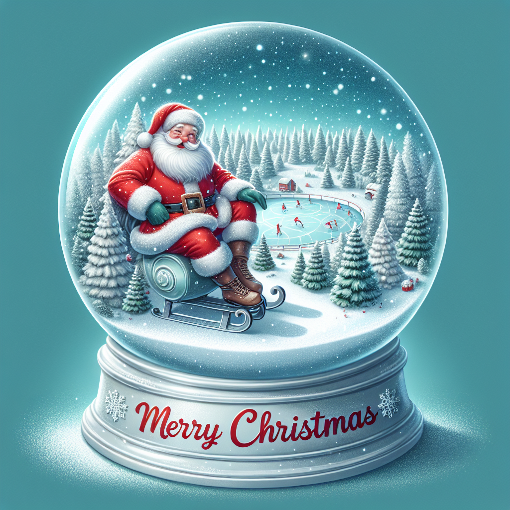 In this delightful Christmas illustration, Santa is comfortably ensconced at the top of a snowglobe, his red suit a vibrant contrast to the snowy scene encapsulated below. The interior of the globe is a serene panorama of wintry bliss, showcasing a landscape of frosted evergreens and a glistening skating rink. The festive ambiance is completed with 'Merry Christmas' neatly inscribed above the globe in a bold, cheerful typeface.
Generated with these themes: santa sat on the top of a snowglobe/inside the snowglobe is a winter wonderland.
Made with ❤️ by AI.