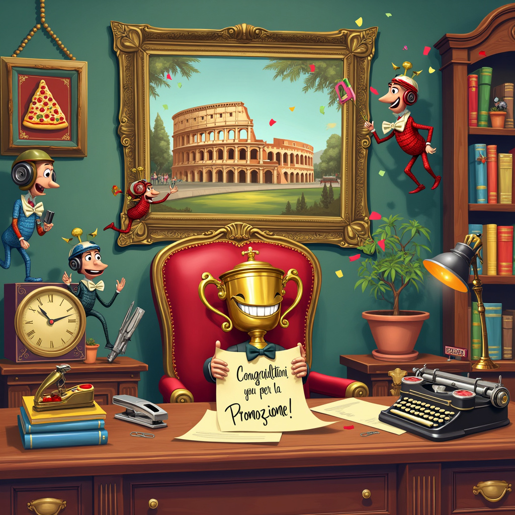 Picture this scene on the front cover of the greetings card: A bustling, whimsical office setting brimming with quirky details. The focal point is a grandiose desk made of polished mahogany, adorned with a large, gleaming brass nameplate that reads "Il Migliore!" (The Best!). Behind the desk, there's an anthropomorphic trophy with a wide grin, shiny gold arms crossed confidently, and sporting a dapper bow tie, proudly sitting in a plush, crimson velvet chair that has gold embroidery on the backrest.

On the desk, there's an oversized, elegant certificate made of ivory parchment with intricate golden borders. The certificate reads "Congratulazioni per la Promozione!" (Congratulations on the Promotion!) in elaborate calligraphy. Beside it, a vintage typewriter with keys that resemble small pizzas, and a desktop lamp shaped like an Italian gondola, complete with a tiny gondolier tipping his hat.

To the left of the desk, there's a bookshelf filled with oversized, colorful binders labeled with playful titles like "Mastering Office Shenanigans" and "Promotion Preparation 101." A quirky little office plant, resembling a miniature Tuscan olive tree in a terracotta pot, stands proudly on one of the shelves.

On the wall behind the desk, there is a large framed painting of a Colosseum made of office supplies – staplers, paper clips, sticky notes, and highlighters. Hanging next to the painting, a clock shaped like a pizza, with its hands made of pepperoni slices.

In the background, fellow colleagues, drawn as various office supplies with eyes and limbs, celebrate joyously. A stapler with a party hat holds a "Congratulations" banner, while a pair of scissors and a highlighter throw confetti made of colorful paper bits. A paperclip chain serves as a festive garland hanging from the ceiling.

The entire scene is drawn with vibrant, exaggerated colors and playful details, making it a lively and memorable congratulations card that tells the story of a well-deserved promotion in a fun, imaginative way.
Generated with these themes: Crea un certificato elegante di congratulazioni per un collega che è stato promosso .
Made with ❤️ by AI.
