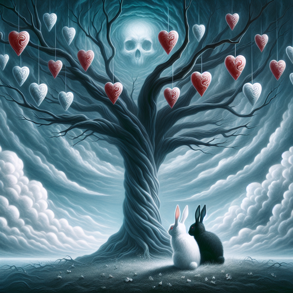 A pair of rabbits, one pure white and the other pitch-black, are sitting at the base of a majestic tree. Its branches reach into a swirling, dreamlike sky. The tree is adorned with heart-shaped candies that hang from it like strange fruits, symbolizing the sweetness of love experienced over the years. In the backdrop, a ghostly skull is blending subtly into the clouds, indicating the notion of a love that outlasts mortality and adds a somber tone to this anniversary celebration.
Generated with these themes: White rabbit, Black rabbit, Love, Skull, Tree, and Sweets.
Made with ❤️ by AI.