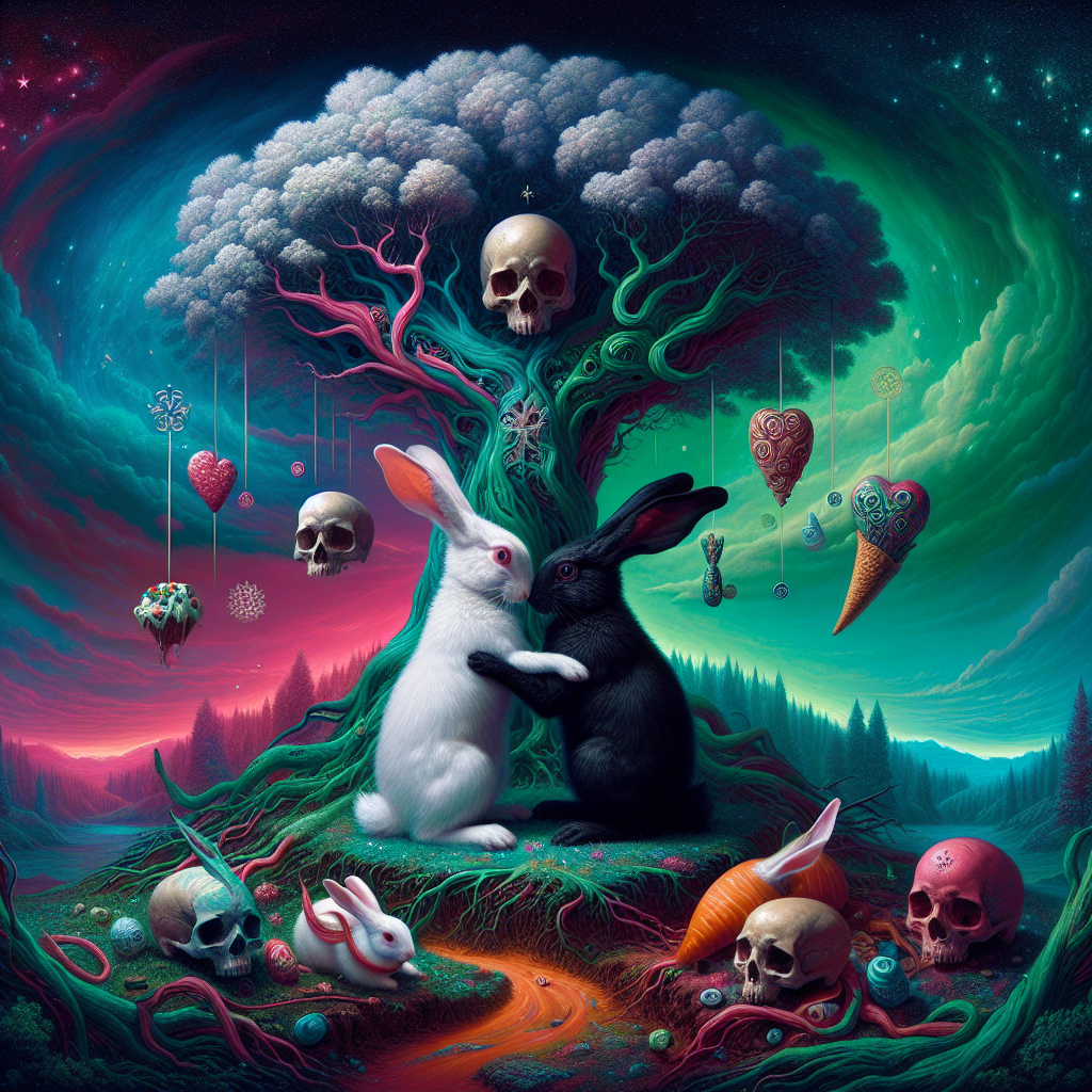 In the heart of a vivid, otherworldly landscape, two rabbits share a tender embrace. One rabbit is as white as fresh snow, the other as black as the night sky, together they embody the duality and unity that exist within a relationship. A majestic tree stands tall in their surroundings, its deep roots entwining with symbolic skulls from times long past, signifying the enduring nature of love. Delectable treats hang from the tree's branches, each one marking an important milestone in their shared history. The surreal ambience of this image conveys a sense of whimsical celebration of love.
Generated with these themes: White rabbit, Black rabbit, Love, Skull, Tree, and Sweets.
Made with ❤️ by AI.