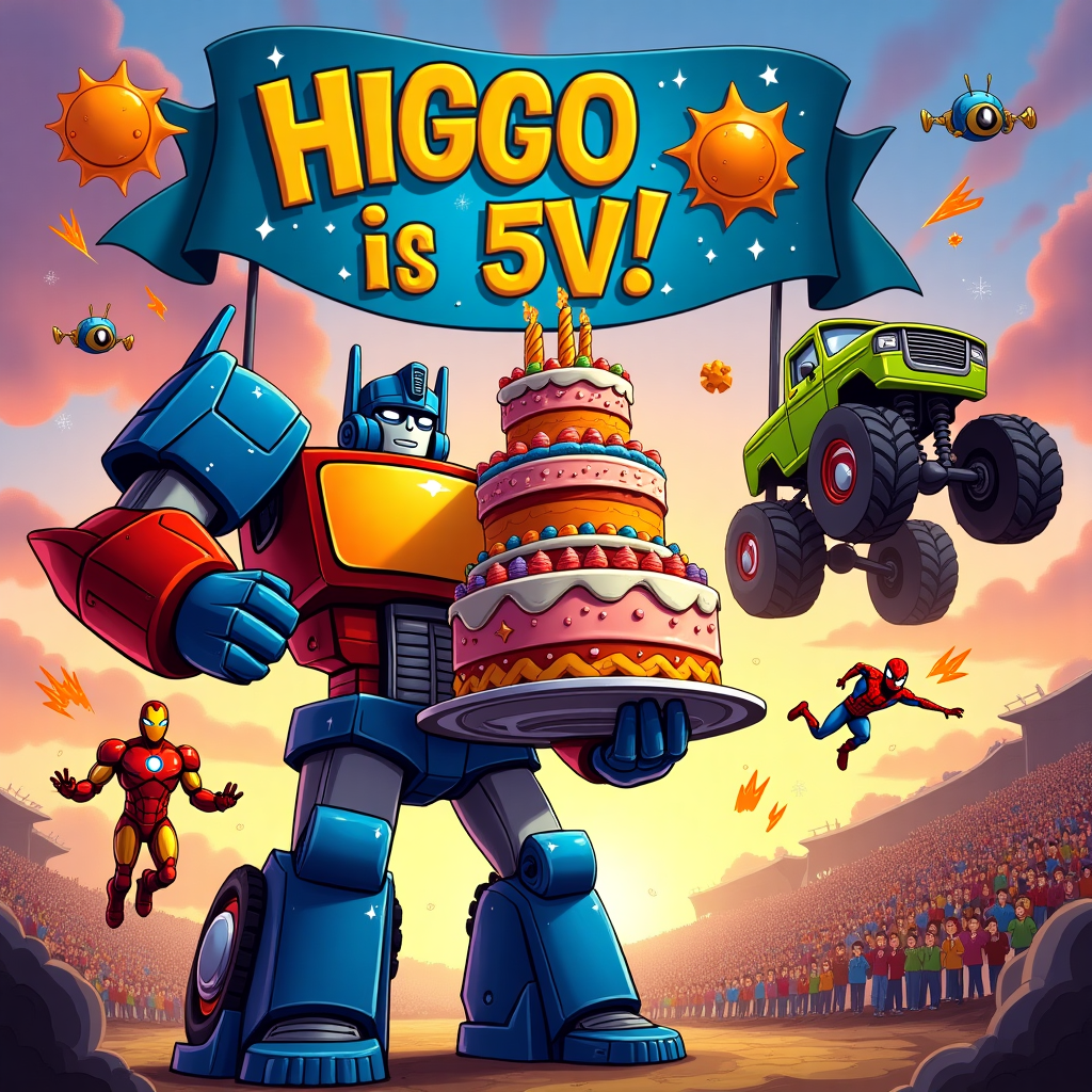 The cover bursts with vibrancy and energy, capturing a lively birthday scene that melds the fantastic worlds of Transformers, Marvel heroes, and monster trucks.

At the forefront, a colossal Transformer robot with exaggerated, cartoonish features stands proudly. It's decked in bright primary colors: electric blue arms, fiery red legs, and a gleaming yellow chest plate. Its eyes are large and expressive, almost comically wide, with a cheerful glint. The Transformer holds an oversized birthday cake, towering with five tiers, each more extravagant than the last. The cake is a rainbow spectacle of colors with swirling icing and dotted with stars and lightning bolts.

To the left, Iron Man and Spider-Man from Marvel are captured in dynamic action poses. Iron Man's suit is a glossy, candy-apple red with shimmering gold highlights, while Spider-Man is swinging on a web, his suit a vibrant red and blue with oversized white eye patches. They're surrounded by explosive comic book-style "POW!" and "BAM!" effects, rendered in bright oranges and yellows, like vintage comic panels.

To the right, a monstrous monster truck, its wheels cartoonishly large, and body a bold lime green with flame decals, is in mid-jump. It's leaping off a ramp over a colorful crowd of tiny, cheering stick-figure-like spectators. The truck's front bumper has an exaggerated smiling face, reminiscent of something out of "Cars" by Disney.

Above this scene, a sky blue banner flutters in the air, held aloft by two tiny flying robots with spinning propellers. The banner is painted with bold, blocky letters in sunshine yellow and reads, "Hugo is 5!" The banner is sprinkled with confetti and stars.

The background is a dazzling sunset, with hues of purple, pink, and orange blending like watercolor across the sky, dotted with fluffy, spiraling clouds. Scattered throughout the scene are comic-style speech bubbles and sound effects in quirky fonts, adding a playful, chaotic charm to the whole composition.

Overall, the scene is a visual cacophony, brimming with color and exaggerated, cartoonish features, melding multiple worlds into a jubilant birthday celebration.
Generated with these themes: Transformers, Marvel heroes and monster trucks.
Made with ❤️ by AI.