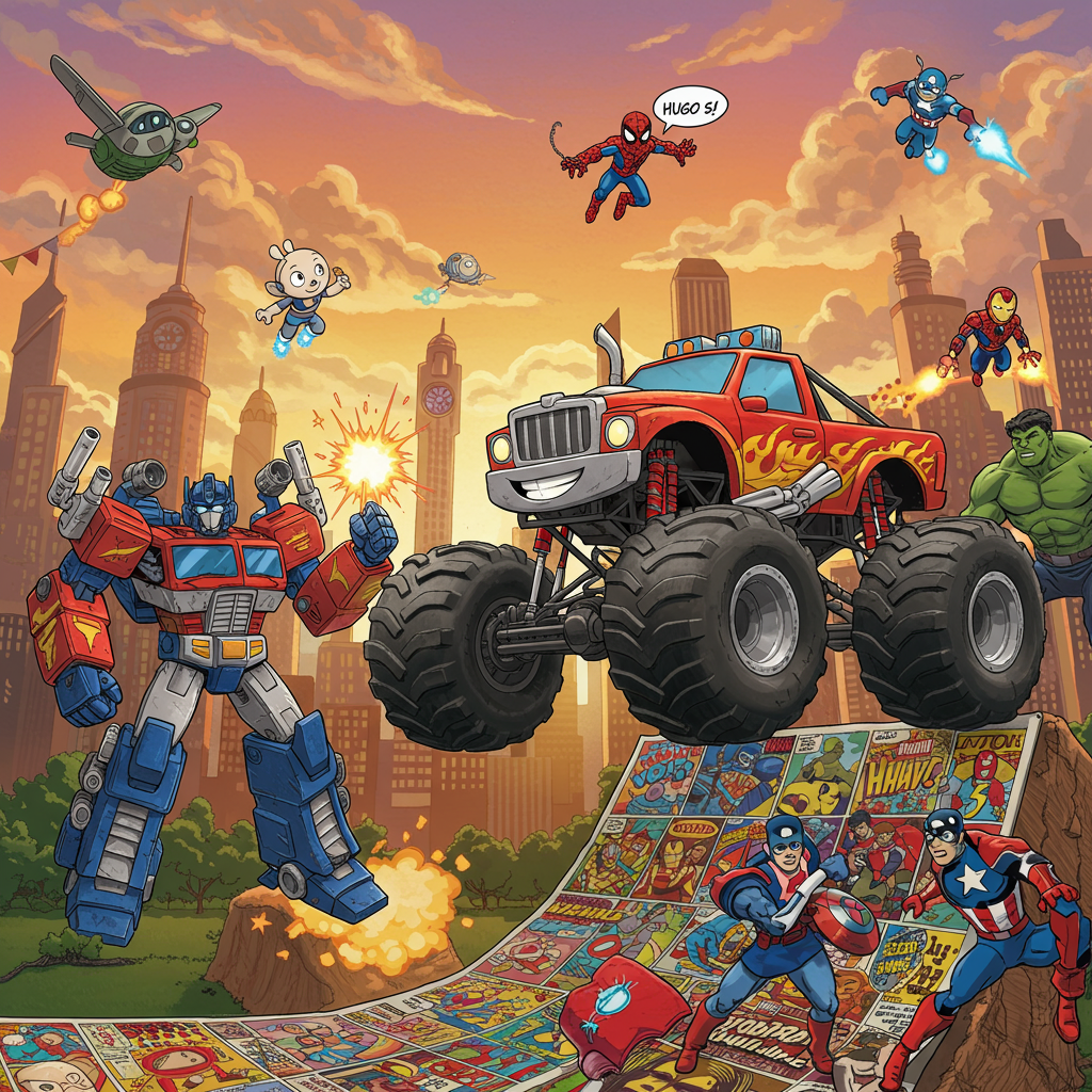 In the foreground, a vibrant, cartoonish monster truck, sporting massive wheels with fiery decals, is mid-air as if leaping from a ramp made of oversized comic books. Its exaggerated features include a gigantic chrome exhaust pipe and an outsized, grinning grill that seems to double as a toothy smile. On the side of the truck, bold and playful letters spell out "Hugo is 5!"

To the left, a playful rendition of a Transformer, not quite Optimus Prime but reminiscent, has taken on an action-packed pose. The Transformer is mid-transformation, one arm turning into a cannon with colorful sparkles and smoke bursting from it. Its metallic body is adorned with bright reds, blues, and silvers, interspersed with cartoonishly large gears and nuts.

On the right, a cluster of Marvel heroes join the scene, drawn with an exaggerated, playful style. Spider-Man swings across the background, leaving a trail of cartoonish webbing shaped like balloon animals. Iron Man hovers nearby, his palms glowing with oversized, exaggerated energy blasts that seem to radiate multicolored confetti.

In the background, towering skyscrapers form a whimsical cityscape reminiscent of Metropolis from Little Nemo in Slumberland, their tops shaped like candy and cupcake towers. Above the city, a sky painted in vibrant oranges and purples of a setting sun is scattered with clouds resembling comic thought bubbles. One bubble creatively supports a small banner flying behind a cartoon jet that reads, "Hugo is 5!"

Overall, the scene is filled with action-packed, cartoonish energy, each element bursting with vibrant, primary colors and exaggerated proportions, a fusion of playful chaos that would delight any young fan of comics, trucks, and heroic exploits.
Generated with these themes: Transformers, Marvel heroes and monster trucks.
Made with ❤️ by AI.