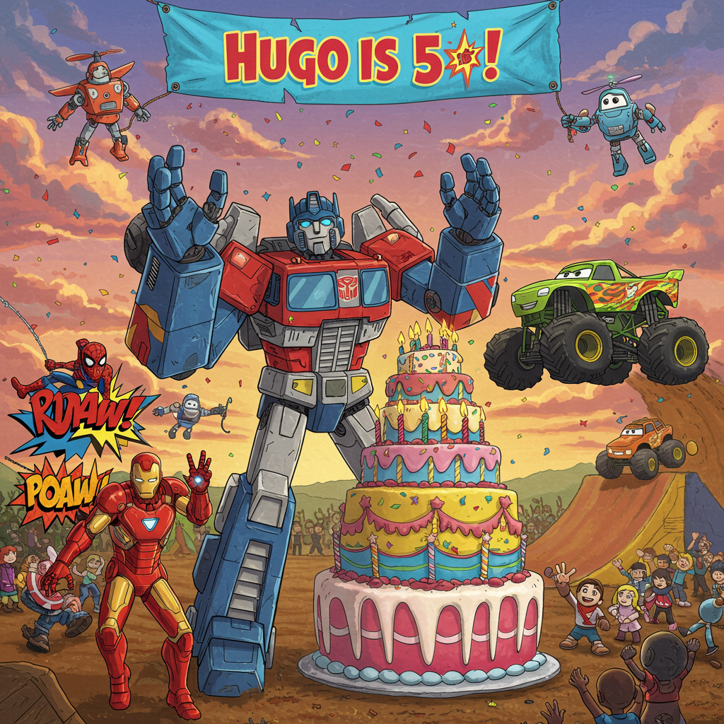 The cover bursts with vibrancy and energy, capturing a lively birthday scene that melds the fantastic worlds of Transformers, Marvel heroes, and monster trucks.

At the forefront, a colossal Transformer robot with exaggerated, cartoonish features stands proudly. It's decked in bright primary colors: electric blue arms, fiery red legs, and a gleaming yellow chest plate. Its eyes are large and expressive, almost comically wide, with a cheerful glint. The Transformer holds an oversized birthday cake, towering with five tiers, each more extravagant than the last. The cake is a rainbow spectacle of colors with swirling icing and dotted with stars and lightning bolts.

To the left, Iron Man and Spider-Man from Marvel are captured in dynamic action poses. Iron Man's suit is a glossy, candy-apple red with shimmering gold highlights, while Spider-Man is swinging on a web, his suit a vibrant red and blue with oversized white eye patches. They're surrounded by explosive comic book-style "POW!" and "BAM!" effects, rendered in bright oranges and yellows, like vintage comic panels.

To the right, a monstrous monster truck, its wheels cartoonishly large, and body a bold lime green with flame decals, is in mid-jump. It's leaping off a ramp over a colorful crowd of tiny, cheering stick-figure-like spectators. The truck's front bumper has an exaggerated smiling face, reminiscent of something out of "Cars" by Disney.

Above this scene, a sky blue banner flutters in the air, held aloft by two tiny flying robots with spinning propellers. The banner is painted with bold, blocky letters in sunshine yellow and reads, "Hugo is 5!" The banner is sprinkled with confetti and stars.

The background is a dazzling sunset, with hues of purple, pink, and orange blending like watercolor across the sky, dotted with fluffy, spiraling clouds. Scattered throughout the scene are comic-style speech bubbles and sound effects in quirky fonts, adding a playful, chaotic charm to the whole composition.

Overall, the scene is a visual cacophony, brimming with color and exaggerated, cartoonish features, melding multiple worlds into a jubilant birthday celebration.
Generated with these themes: Transformers, Marvel heroes and monster trucks.
Made with ❤️ by AI.