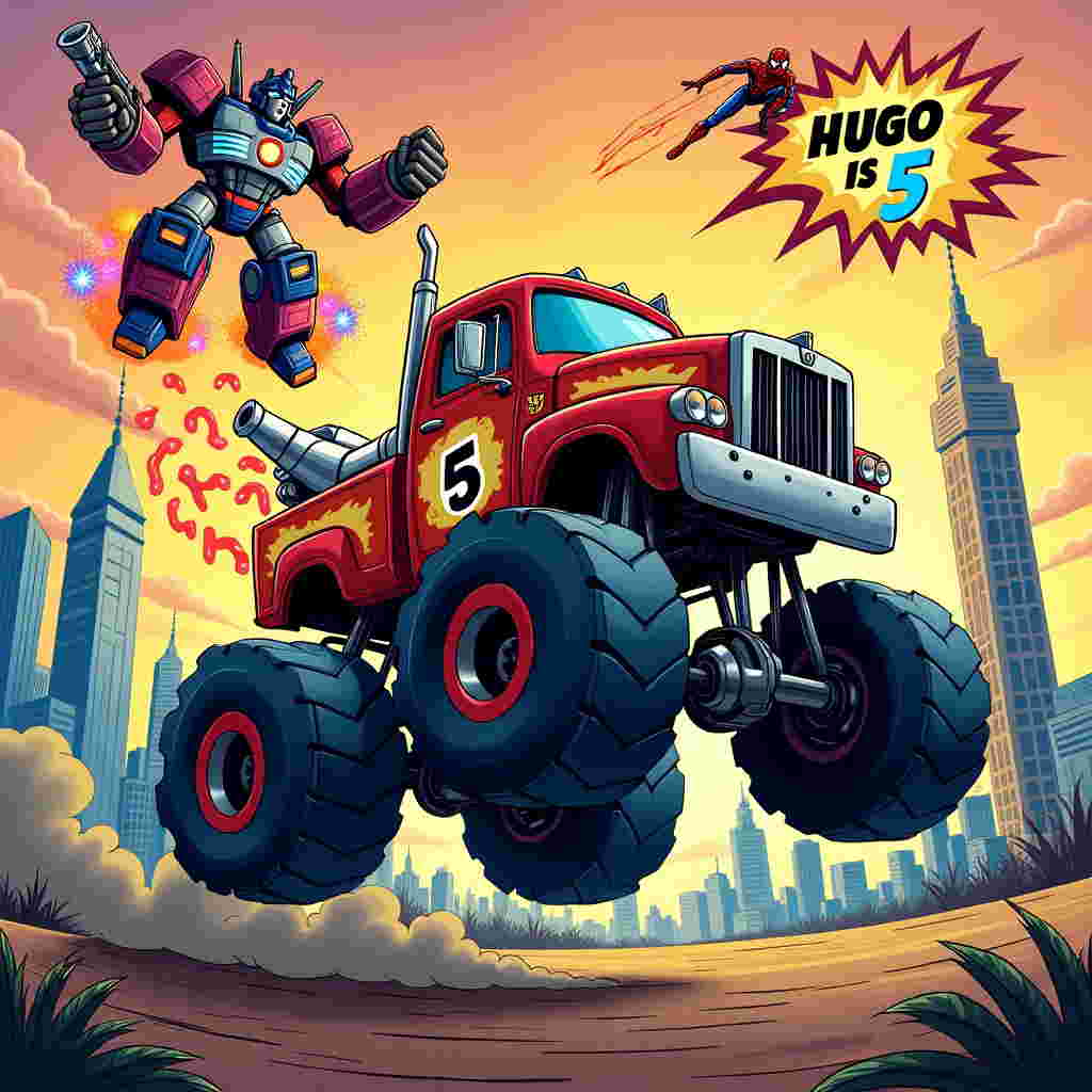 In the foreground, a vibrant, cartoonish monster truck, sporting massive wheels with fiery decals, is mid-air as if leaping from a ramp made of oversized comic books. Its exaggerated features include a gigantic chrome exhaust pipe and an outsized, grinning grill that seems to double as a toothy smile. On the side of the truck, bold and playful letters spell out "Hugo is 5!"

To the left, a playful rendition of a Transformer, not quite Optimus Prime but reminiscent, has taken on an action-packed pose. The Transformer is mid-transformation, one arm turning into a cannon with colorful sparkles and smoke bursting from it. Its metallic body is adorned with bright reds, blues, and silvers, interspersed with cartoonishly large gears and nuts.

On the right, a cluster of Marvel heroes join the scene, drawn with an exaggerated, playful style. Spider-Man swings across the background, leaving a trail of cartoonish webbing shaped like balloon animals. Iron Man hovers nearby, his palms glowing with oversized, exaggerated energy blasts that seem to radiate multicolored confetti.

In the background, towering skyscrapers form a whimsical cityscape reminiscent of Metropolis from Little Nemo in Slumberland, their tops shaped like candy and cupcake towers. Above the city, a sky painted in vibrant oranges and purples of a setting sun is scattered with clouds resembling comic thought bubbles. One bubble creatively supports a small banner flying behind a cartoon jet that reads, "Hugo is 5!"

Overall, the scene is filled with action-packed, cartoonish energy, each element bursting with vibrant, primary colors and exaggerated proportions, a fusion of playful chaos that would delight any young fan of comics, trucks, and heroic exploits.
Generated with these themes: Transformers, Marvel heroes and monster trucks.
Made with ❤️ by AI.