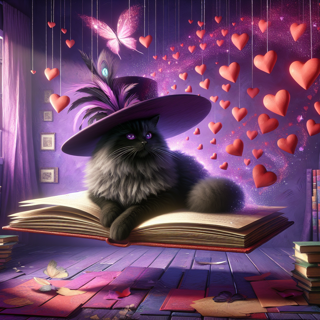 Imagine a fantastical illustration projecting a whimsical vibe, where a fluffy black cat is the main attraction. This cat is adorned in an oversized, purple hat with an eccentric feather, and is found lounging on a floating, rotational stack of books bound in colours suggesting a romantic genre. The room appears dreamlike, showcasing defiance of gravitational laws. Floating around this key character are glowing hearts emitting a gentle illumination on fluttering pages of the open books, resembling butterflies in ascend. The scene is painted with a rich palette of purples and reds, proposing an intimate, yet surreal atmosphere for a Valentine's Day theme.
Generated with these themes: Black fluffy cat, Purple hat , and Books .
Made with ❤️ by AI.