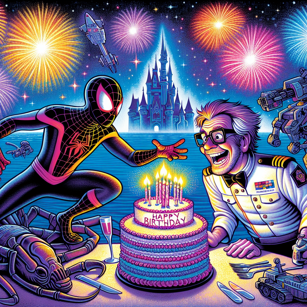 A whimsical, colorful birthday celebration featuring iconic elements woven together into a jovial revelry scene. A masked hero with the agility of a spider is playfully entwined with a clueless, comically dressed character within a uniform representative of a popular galactic expedition force, both sharing a cake in the shape of a recognizable interstellar vessel. In the backdrop, the silhouette of a mystical castle glows with magic, with vibrant fireworks illuminating the night sky, forming the words 'Happy Birthday'.
Generated with these themes: Star Trek, Mr Bean, Spiderman, and Harry Potter .
Made with ❤️ by AI.