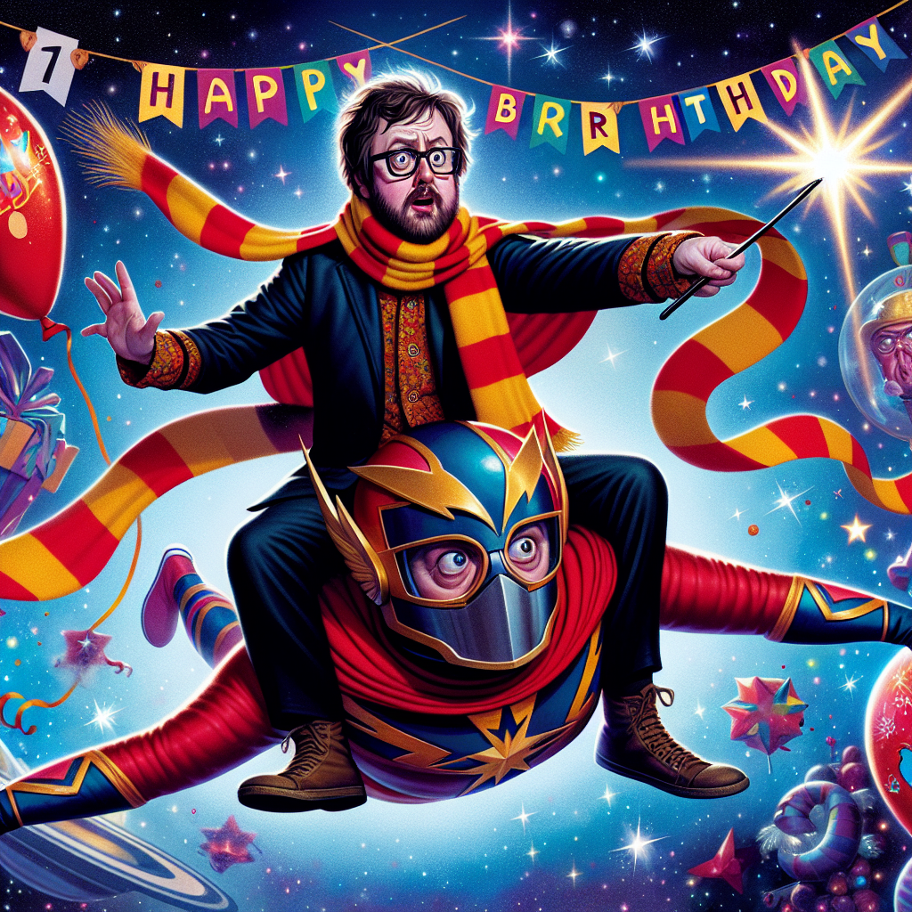 A whimsical birthday illustration that portrays a festive atmosphere set in a sci-fi space universe. In the center, a comedic protagonist with a slightly confused expression comically wears a red and gold striped scarf and waves a wand like a famous wizard while riding on the back of a masked superhero in red and blue costume as they soar across a galaxy adorned with twinkling stars and colorful planets. Birthday banners and balloons float in the background, adding to the celebratory scene.
Generated with these themes: Star Trek, Mr Bean, Spiderman, and Harry Potter .
Made with ❤️ by AI.