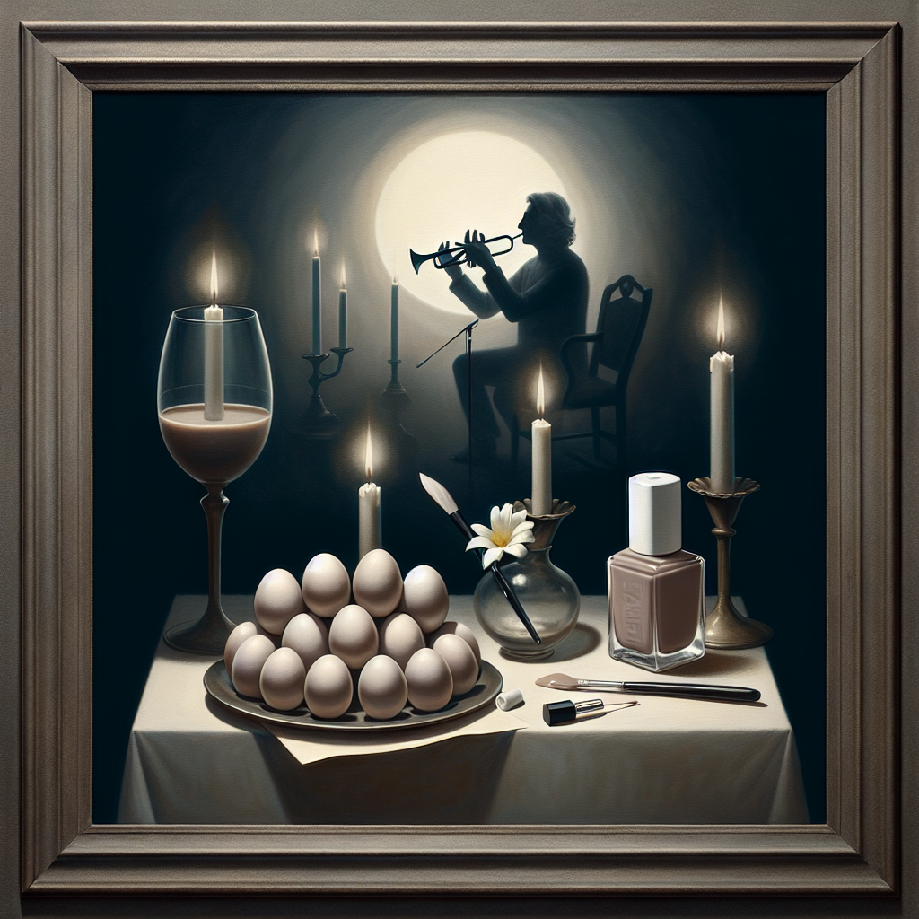 Envision a somber-framed painting, where a birthday celebration is depicted with understated elegance. In the center, a meticulous arrangement of eggs can be seen, their simple, pristine forms suggesting a quiet contemplation on new beginnings. To the side lies a bottle of taupe nail varnish representing self-care and the subtle grace in moments of personal care. In the periphery, there's a solemn silhouette of a male musician, his music and aura suffusing the painting with an air of deep contemplation, marrying the joy of the celebration with a dignified seriousness.
Generated with these themes: Eggs, Taupe Nail Varnish, and Nick Cave.
Made with ❤️ by AI.