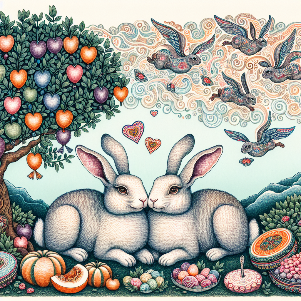 A serene and delightful illustration is depicted with two lighthearted rabbits native to the Himalayan region. They are positioned side by side, resting under a bountiful tree that is covered with succulent fruits. The sky above them is intricately designed with motifs of gentle skulls, signifying a love that transcends even beyond life. Their deep bond is portrayed by the exuberantly colorful sweets distributed around them, signifying the commemoration of an extraordinary and lasting love narrative.
Generated with these themes: Himalayan rabbit, Love, Skulls, Sweets, and Trees.
Made with ❤️ by AI.