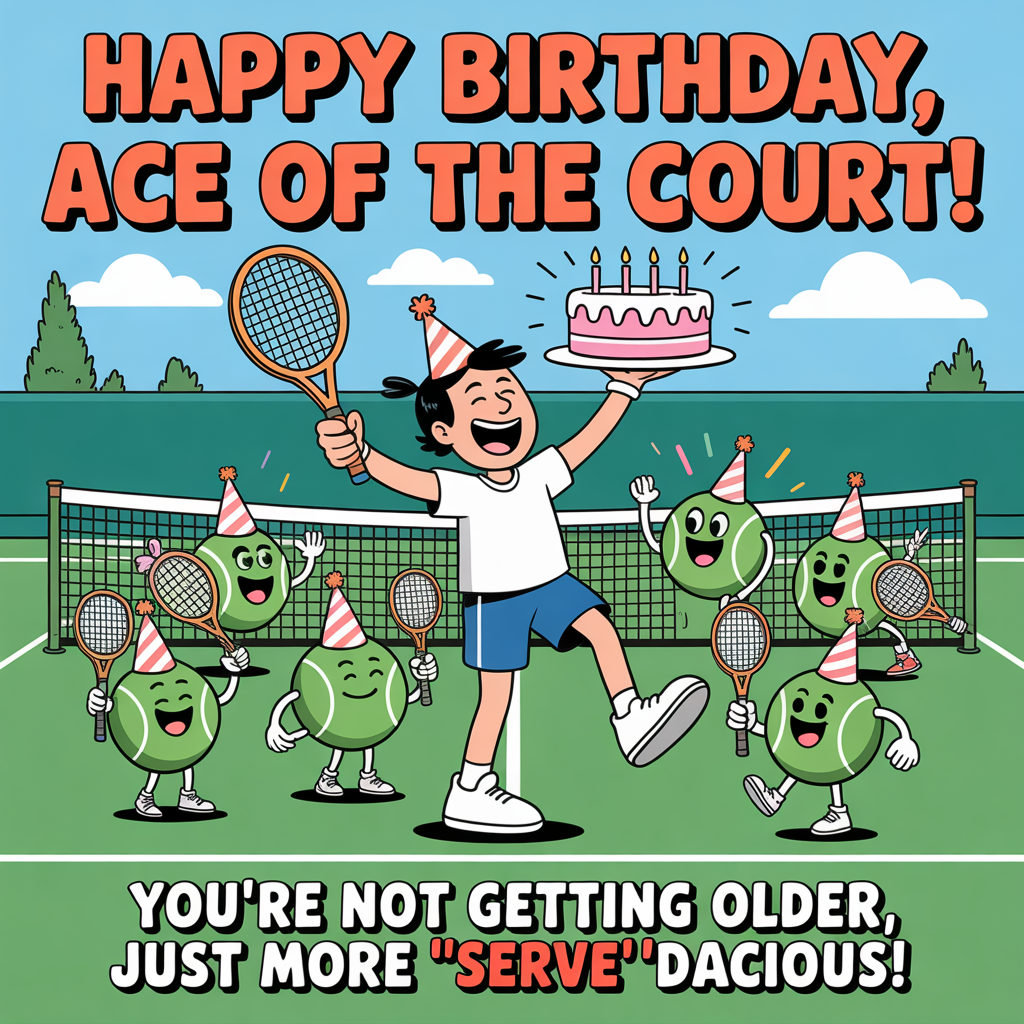 At the top of the image, "Happy Birthday, Ace of the Court!" 

At the bottom of the image, "You're not getting older, just more 'serve'-dacious!"

- Illustrate a comical scene featuring a tennis court with anthropomorphic tennis balls wearing party hats, celebrating and holding tiny rackets, as a smiling, cartoon-style person triumphantly holds a birthday cake, ready to serve it over the net.
Generated with these themes: Tennis, and .
Made with ❤️ by AI.