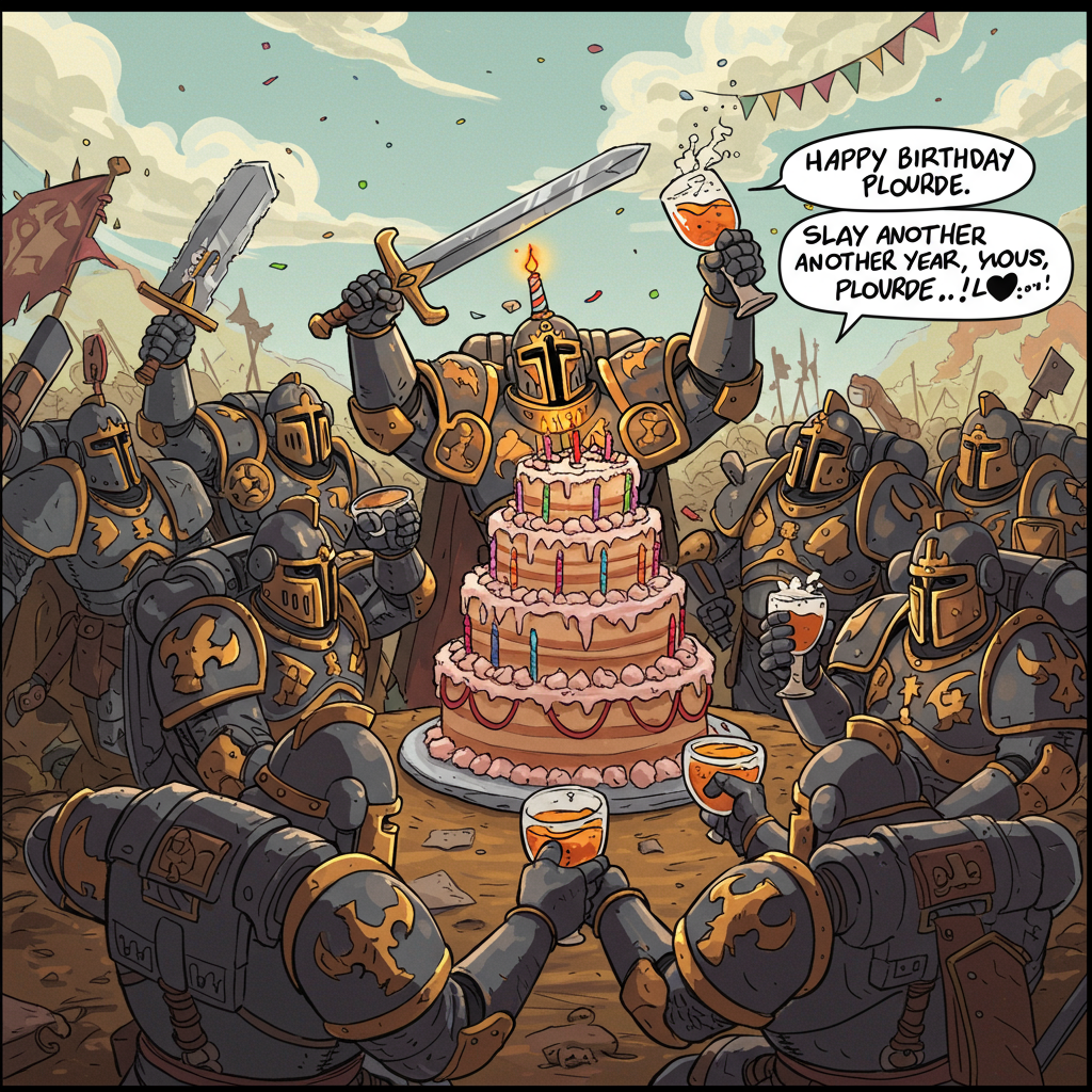 At the top of the Cartoon Style image, include the text: "Happy Birthday Plourde!"

**Image Prompt:**

In a vibrant, exaggerated cartoon world, create a whimsical scene where a group of comically armored Warhammer warriors are taking a break from battle to celebrate a birthday. They're gathered around an enormous, over-the-top birthday cake, designed like a miniature fortress with turrets made of sugary goodness. Each warrior is humorously oversized, with exaggerated features and vibrant armor in bright, saturated colors.

The leader, a jubilant Warhammer warrior with a helmet topped by a lit birthday candle, holds up a glass of bourbon in one hand, while a sword-shaped party horn dangles from the other. The warriors around him are all in festive poses, clinking their bourbon-filled goblets in celebration, some juggling bourbon bottles or precariously balancing them on their helmets.

A large, goofy grin is plastered across the faces of the cartoon warriors, and in the background, the battlefield is transformed into a humorous birthday party setting with colorful banners and balloons. In a speech bubble coming from one of the warriors, the cheeky text reads: "Slay another year, Plourde!"
Generated with these themes: Warhammer, Bourbon, Cake, and .
Made with ❤️ by AI.