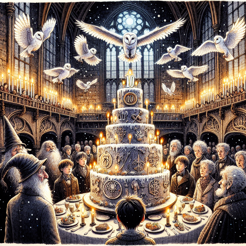 A solemn illustration unfolds with a birthday celebration set within an old, mystical castle's great dining hall. In the center stands a majestic cake, tall and layered, adorned with symbols that represent various virtues. Snowy white owls, messengers of good tidings, are perched atop the ancient hall's windows, their feathers dusted with glistening snowflakes. A perfect ten, illuminated in shimmering light, hovers above the cake, marking a decade of magical education. An old wrinkled hat, wise and weathered, sits quietly to the side, a silent witness to these traditions. A young boy with a scar on his forehead, stands with his friends, all differing by DESCENT and GENDER, exchanging tales of years past. Overhead, floating candles cast a warm, inviting glow upon the assemblage, completing the enchanting scene.
Generated with these themes: Hogwarts, The great hall, Cake, Snowy Owls, 10, The sorting hat, Harry potter, and Floating candles.
Made with ❤️ by AI.