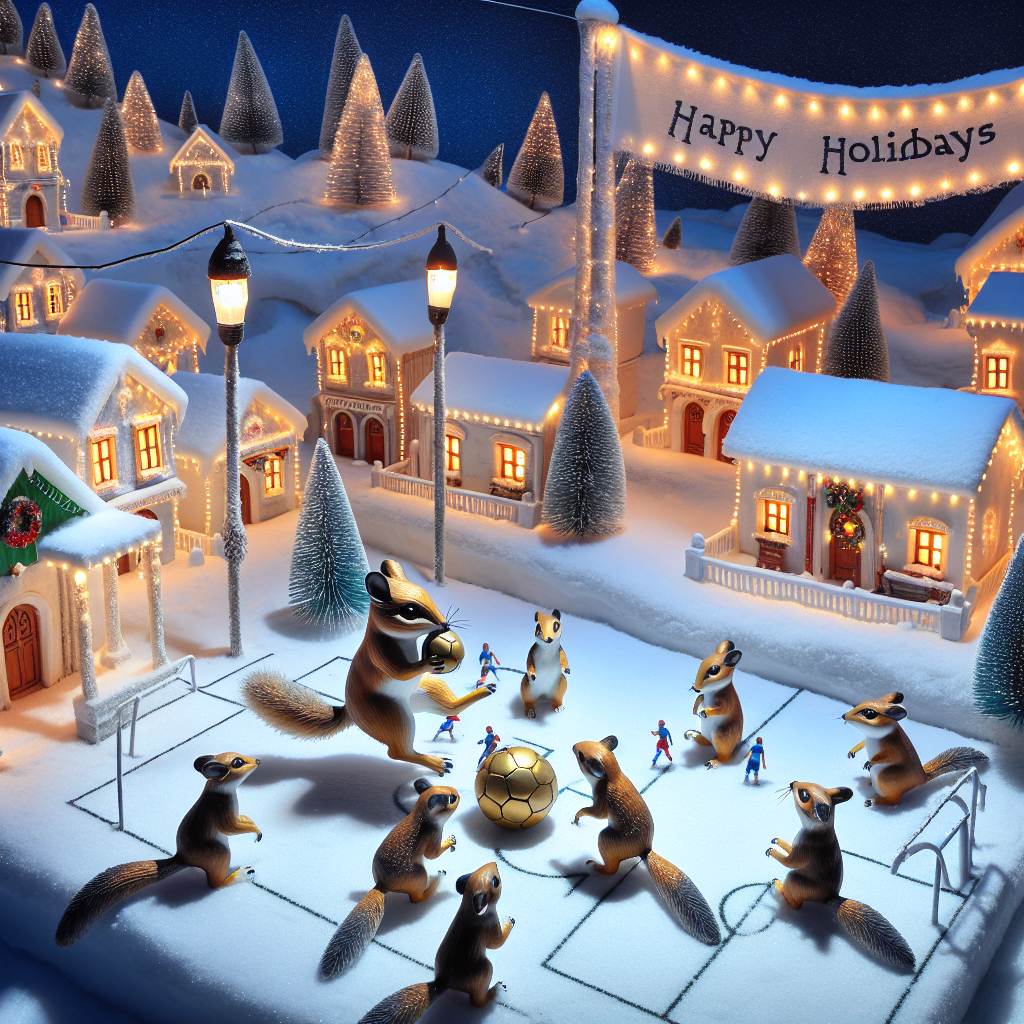 An enchanting Christmas village with small houses covered in snow, and a central square where local animals play soccer (ποδόσφαιρο) with a golden ball. String lights twinkle above and the 'Χρόνια πολλά' message is displayed on a banner that stretches across two candy cane poles at the village entrance.
Generated with these themes: ποδόσφαιρο.
Made with ❤️ by AI.