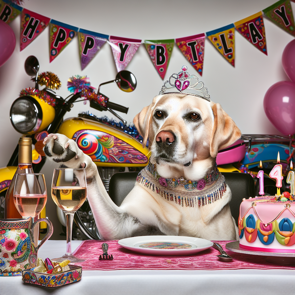 Create a lighthearted image featuring a mischief-laden Labrador. The dog is seated at a well-set table, wearing a birthday tiara, and surrounded by wine glasses and a birthday cake. The Labrador, with a glistening coat, has one paw raised, as if toasting to the celebration, with a playful smirk gracing its canine features. In the backdrop, there is a lively, colorfully designed motorbike. This bike is elaborately decorated with streamers and balloons. Completing the scene is a banner with the inscription 'Happy Birthday' draped across the edge of the frame.
Generated with these themes: Motorbikes , Wine , and Labrador.
Made with ❤️ by AI.