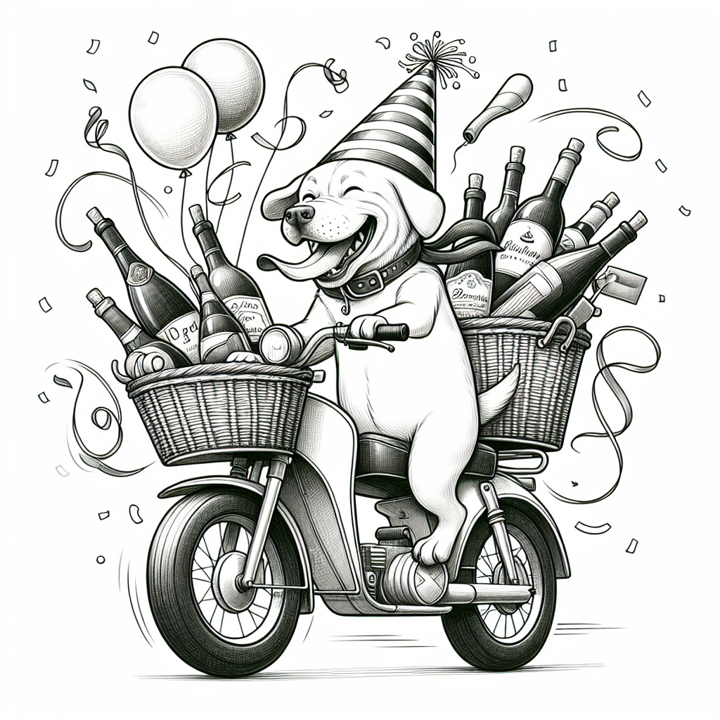 Create an image of a lively birthday celebration where a jubilant Labrador wearing a party hat is playfully maneuvering a motorbike. The basket of the bike is brimful with fancy wine bottles, balloons and confetti, creating an festive ambiance. Petite lines around the scene hint at the movement, and the Labrador's tongue humorously flops in the breeze, adding a charming flair to the scene.
Generated with these themes: Motorbikes , Wine , and Labrador.
Made with ❤️ by AI.