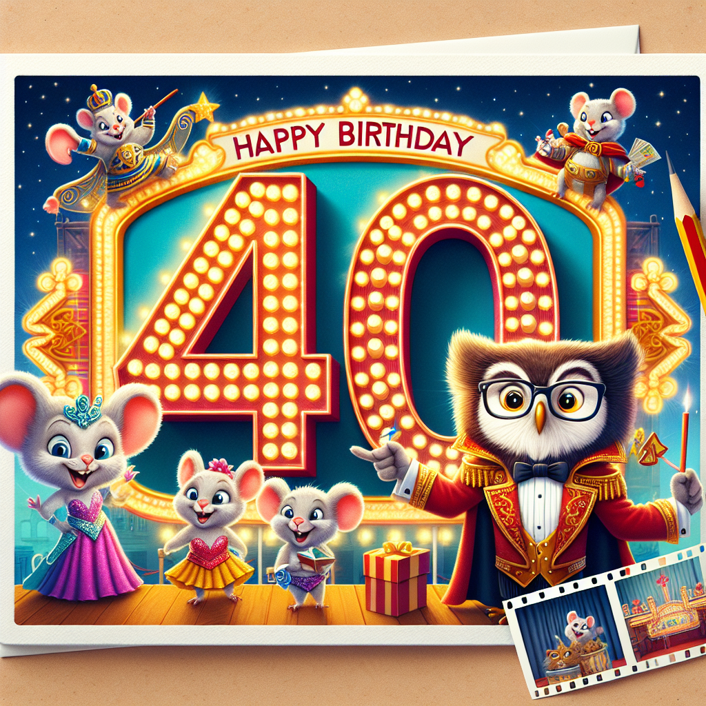Create a fun-filled birthday card featuring a vibrant cartoon scene. The number '40' is the main attraction, being bright and glowing like a casino marquee sign. Surrounding it are adorable animals dressed in grand ballroom outfits appearing as if they've been pulled out of a beloved dance competition television show. On one part of the design, there's a wise owlet donning spectacles and holding an open book with a pointer, symbolizing a passion for teaching. To contrast, a pair of adventurous mice are decked out like Roman gladiators on the other side, preparing for a mock fight. To add a touch of sentimentality, a miniature film reel is included at the bottom, featuring snapshots of precious life moments.
Generated with these themes: 40, Strictly Come Dancing, Teaching, Gladiators, and Film.
Made with ❤️ by AI.