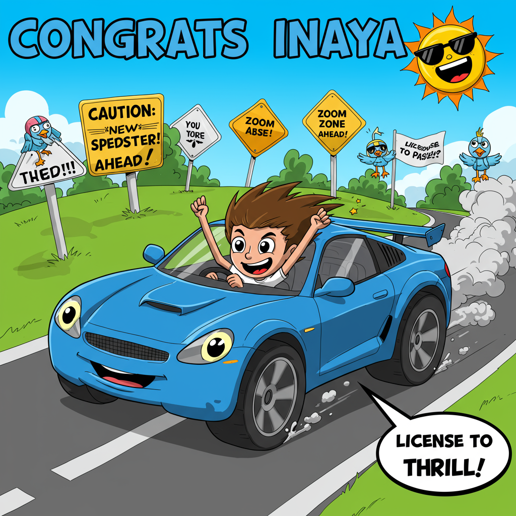 At the top of the Cartoon Style image, add the text: **Congrats Inaya**

---

Imagine a vibrant and whimsical cartoon scene featuring a jubilant blue sports car with oversized wheels and a sleek design. The car has a mischievous face, with big, expressive eyes and a wide grin, exuding personality and excitement. Behind the wheel, a cartoon character with wild hair and a triumphant expression is driving with both hands on the steering wheel, their eyes wide with exhilaration. The car zooms down a curvy road, leaving a trail of animated smoke and motion lines to emphasize its speed.

In the background, exaggerated road signs with humorous messages like "Caution: New Speedster!" and "Zoom Zone Ahead!" add to the playful atmosphere. Nearby, cartoon birds wearing tiny helmets cheer and wave flags that say "You Passed!" The sky is a bright, cloudless blue, and the sun sports sunglasses, giving a wink to the new driver.

For a cheeky touch, incorporate a small speech bubble near the car with the phrase, "License to Thrill!"
Generated with these themes: Driving Blue Sports Car, Speedster, Passed Driving Test, and .
Made with ❤️ by AI.