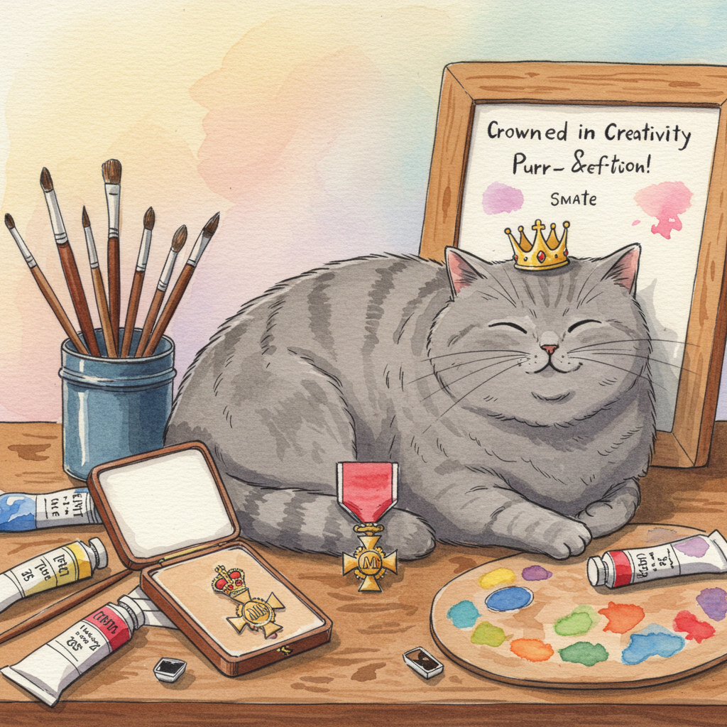 **Image Prompt:**

Imagine a whimsical watercolor scene set on a vintage artist's table. In the center, a plump and content grey cat lounges, adorned with a tiny golden crown jauntily perched on its head. Beside the feline, a gleaming MBE Medal glows softly with a sense of honor and achievement. Surrounding the cat, an assortment of vibrant watercolor paint tubes and brushes lie scattered, as if the feline is an artist at rest. The background features a gentle wash of pastel hues, reminiscent of a soft, dreamy sunrise.

**Caption (incorporated into the image):**  
"Crowned in Creativity & Purr-fection!"
Generated with these themes: MBE Medal, Artist, Grey cat, Crown , , and .
Made with ❤️ by AI.