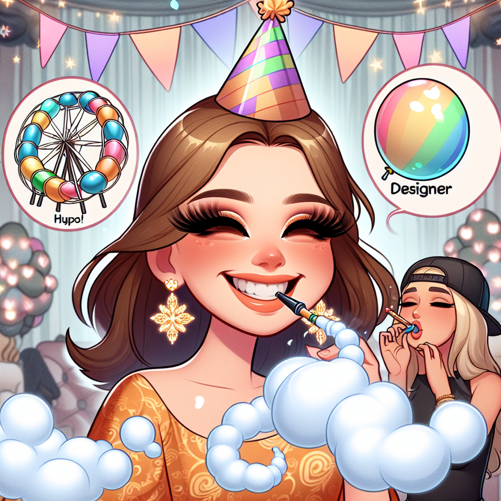 Illustrate a delightful, cartoon-style image inspired by a fun-filled birthday party. The main focus is a character, probably the birthday boy or girl, of Caucasian descent, smiling brightly. Amplify some features for a cute effect, like lavishly stylized makeup to heighten the element of jollity. Away from them, include another character, who is Hispanic, indulging in an unusual activity - blowing designer smoke rings. These smoke rings smoothly blend with the party decorations - the birthday streamers, and balloons; introducing an unexpectedly whimsical touch to the otherwise conventional birthday scenario.
Generated with these themes: Makeup , and Smoking.
Made with ❤️ by AI.
